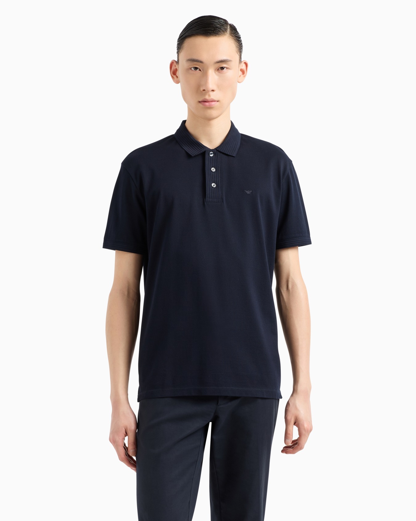 Mercerised piqué polo shirt with ribbed details Slide 1
