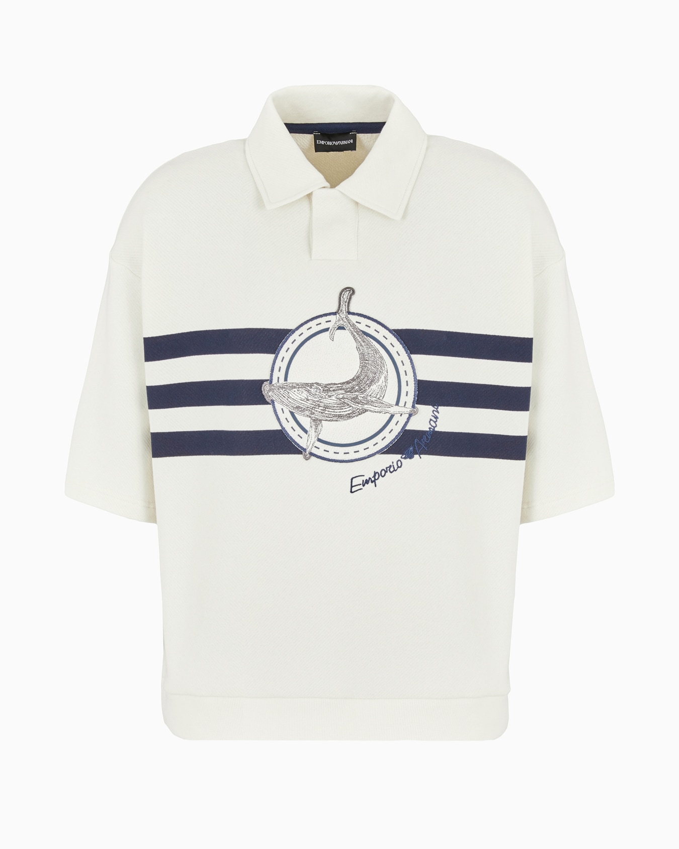 Short-sleeved sweatshirt with a polo-shirt collar in cosy twill with an oversized whale patch and logo embroidery Slide 0