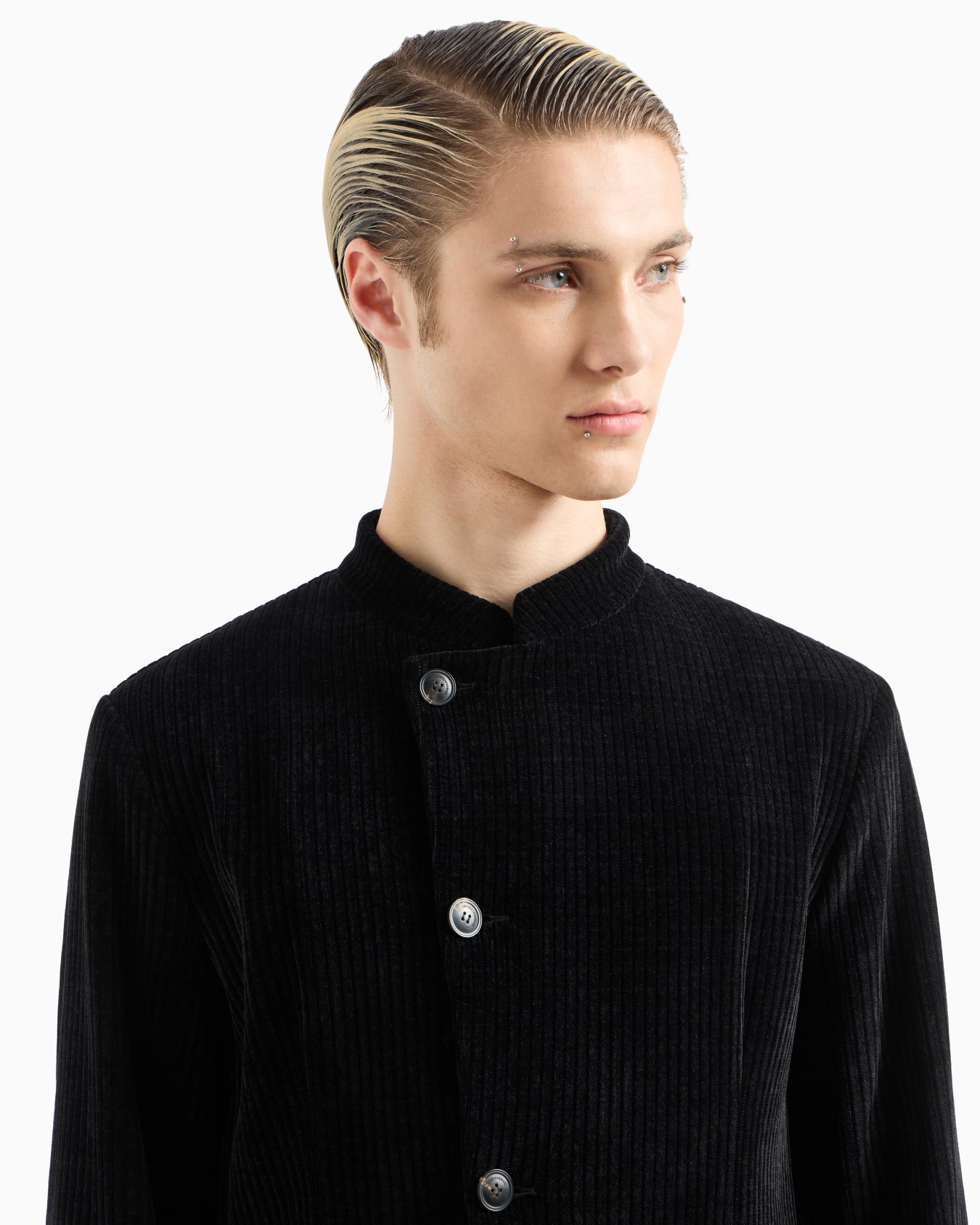 Ribbed velour jacket with guru collar and off-centre fastening Slide 4