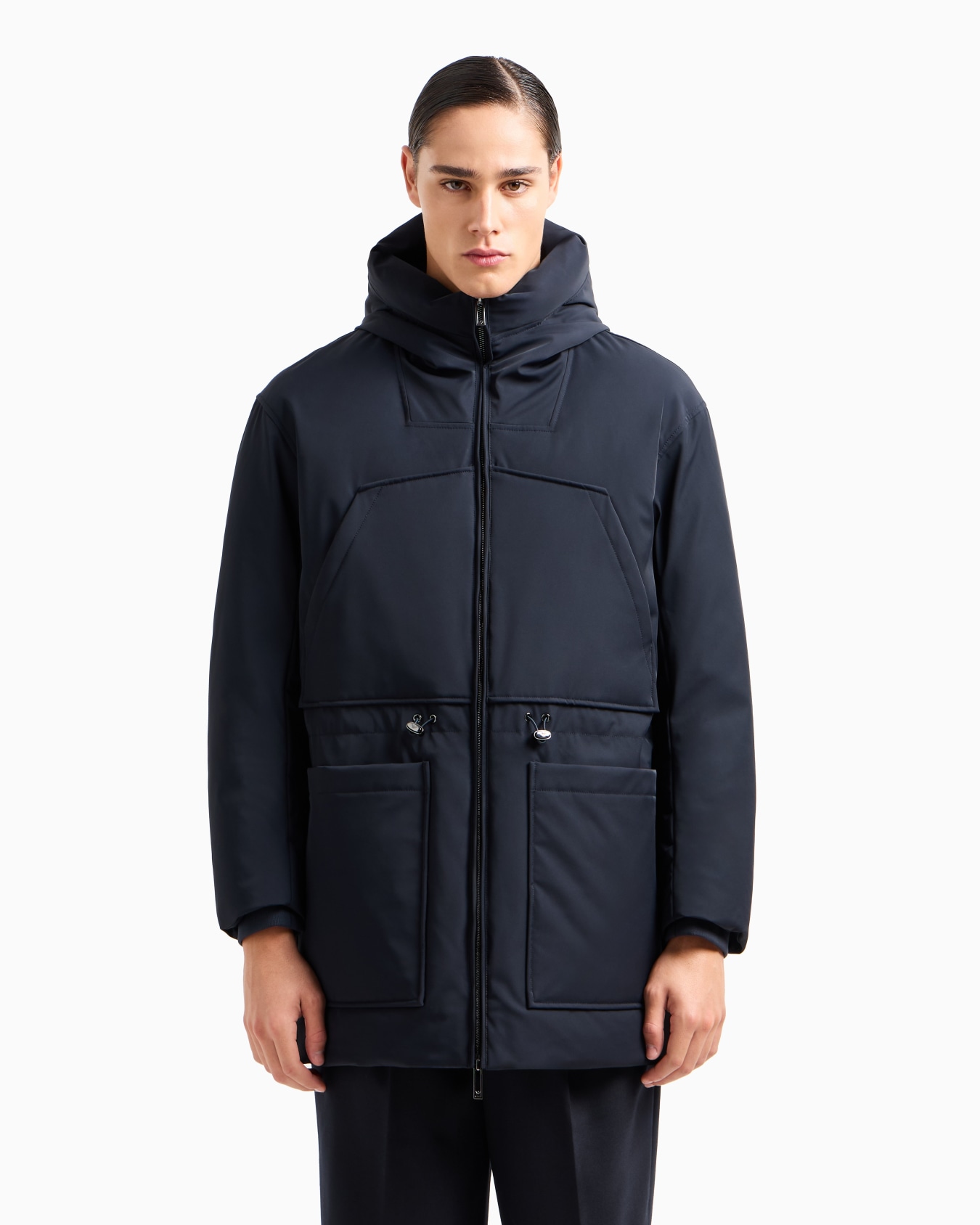 Three-quarter length hooded down jacket in water-repellent nylon twill Slide 2