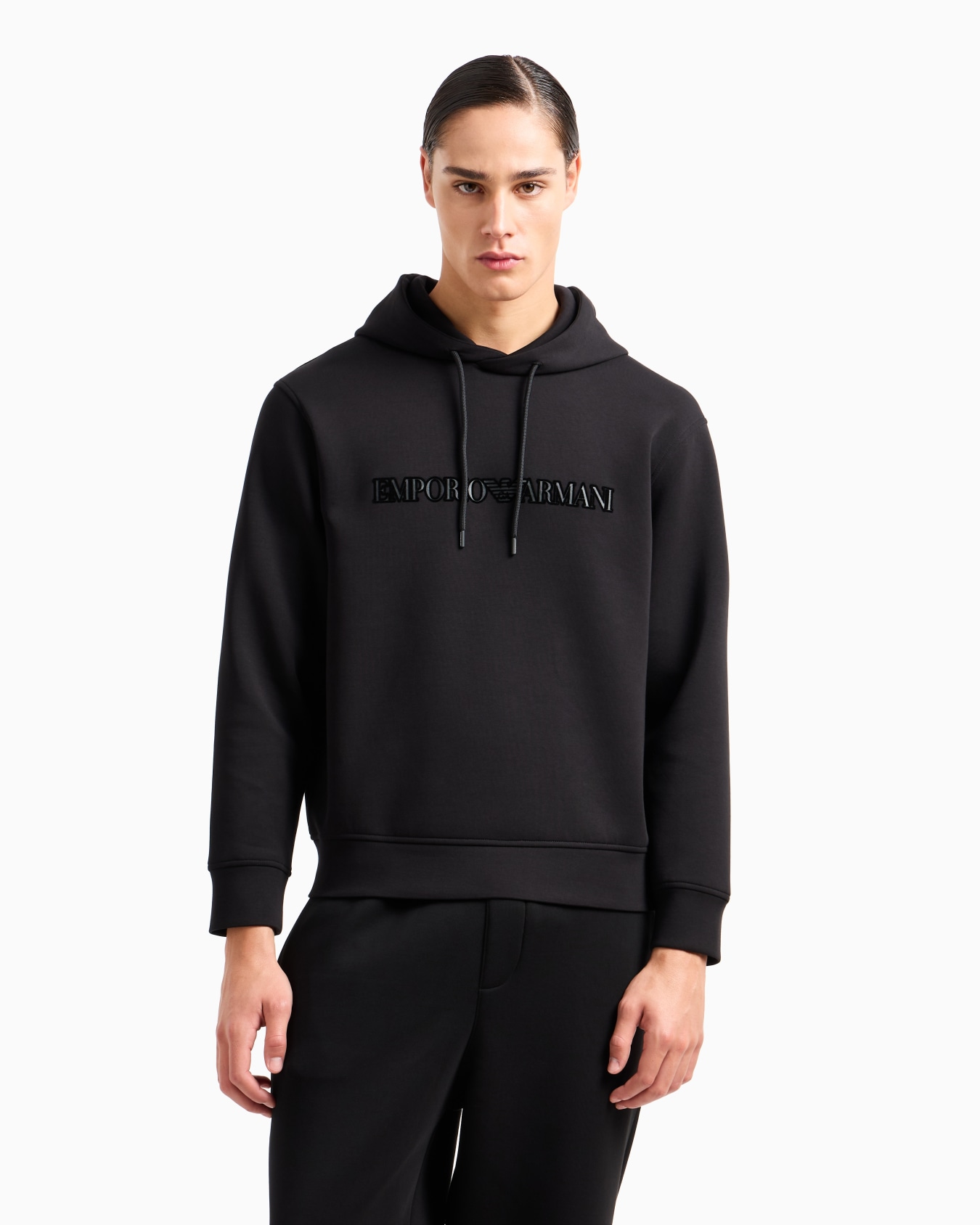 Double-jersey hooded sweatshirt with flocked logo Slide 2