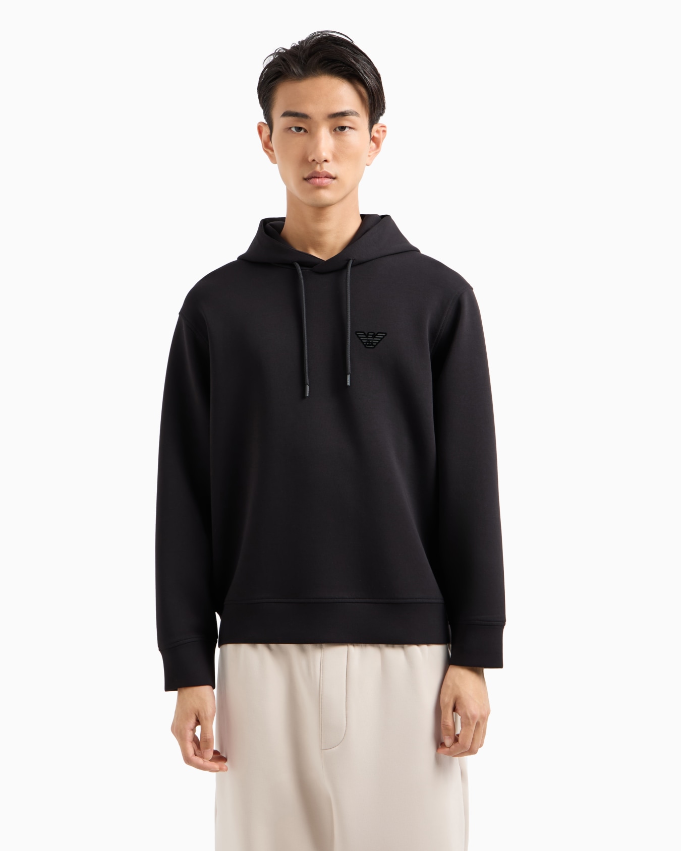 Double-jersey hooded sweatshirt with flocked logo Slide 1
