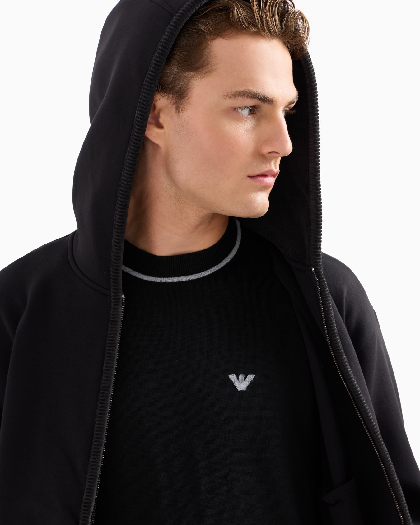 Sweat-shirt façon cardigan à capuche en jersey double avec détails en velours Diapositive 5