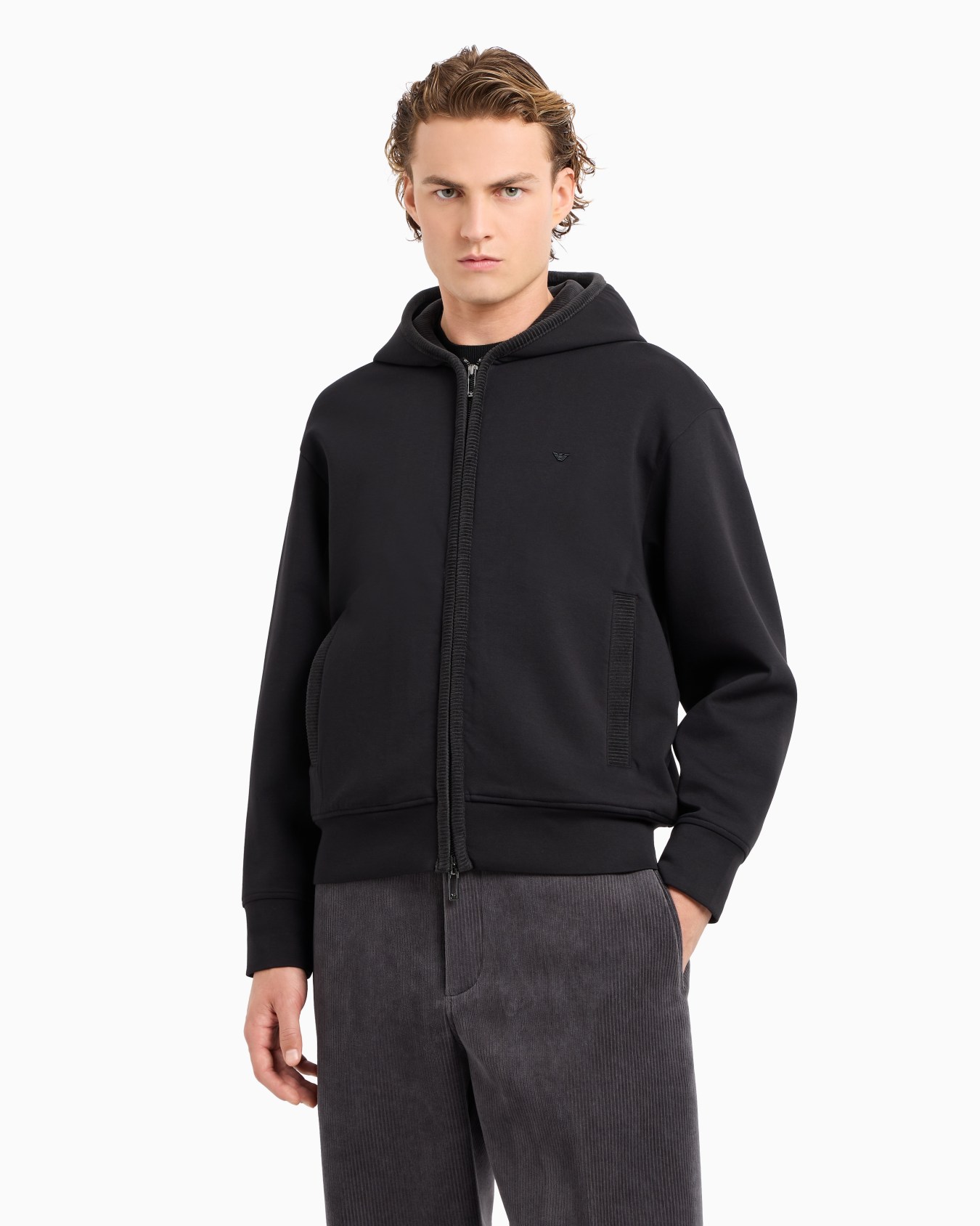 Sweat-shirt façon cardigan à capuche en jersey double avec détails en velours Diapositive 2