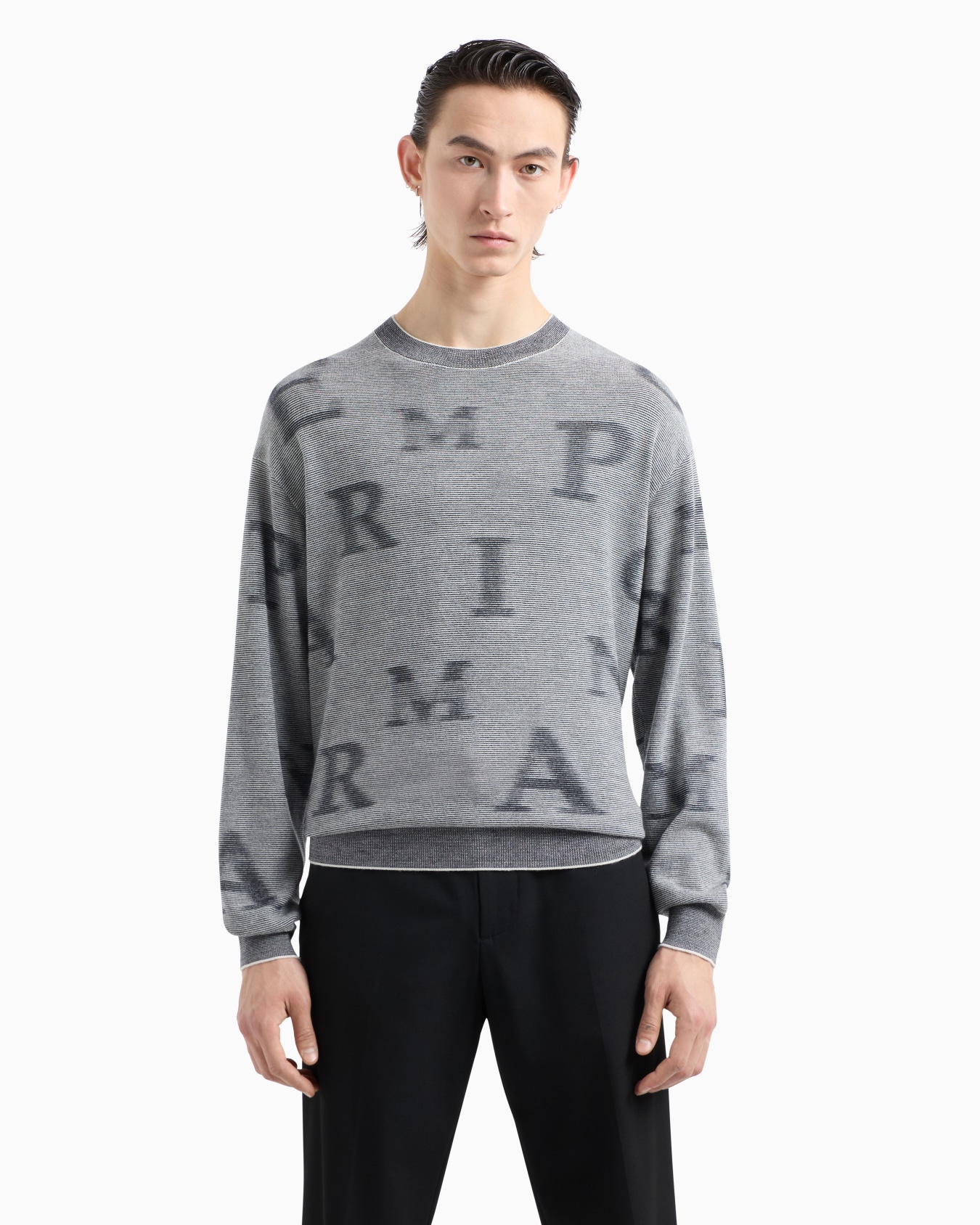 Two-tone micro-striped virgin-wool jumper with all-over lettering Slide 1