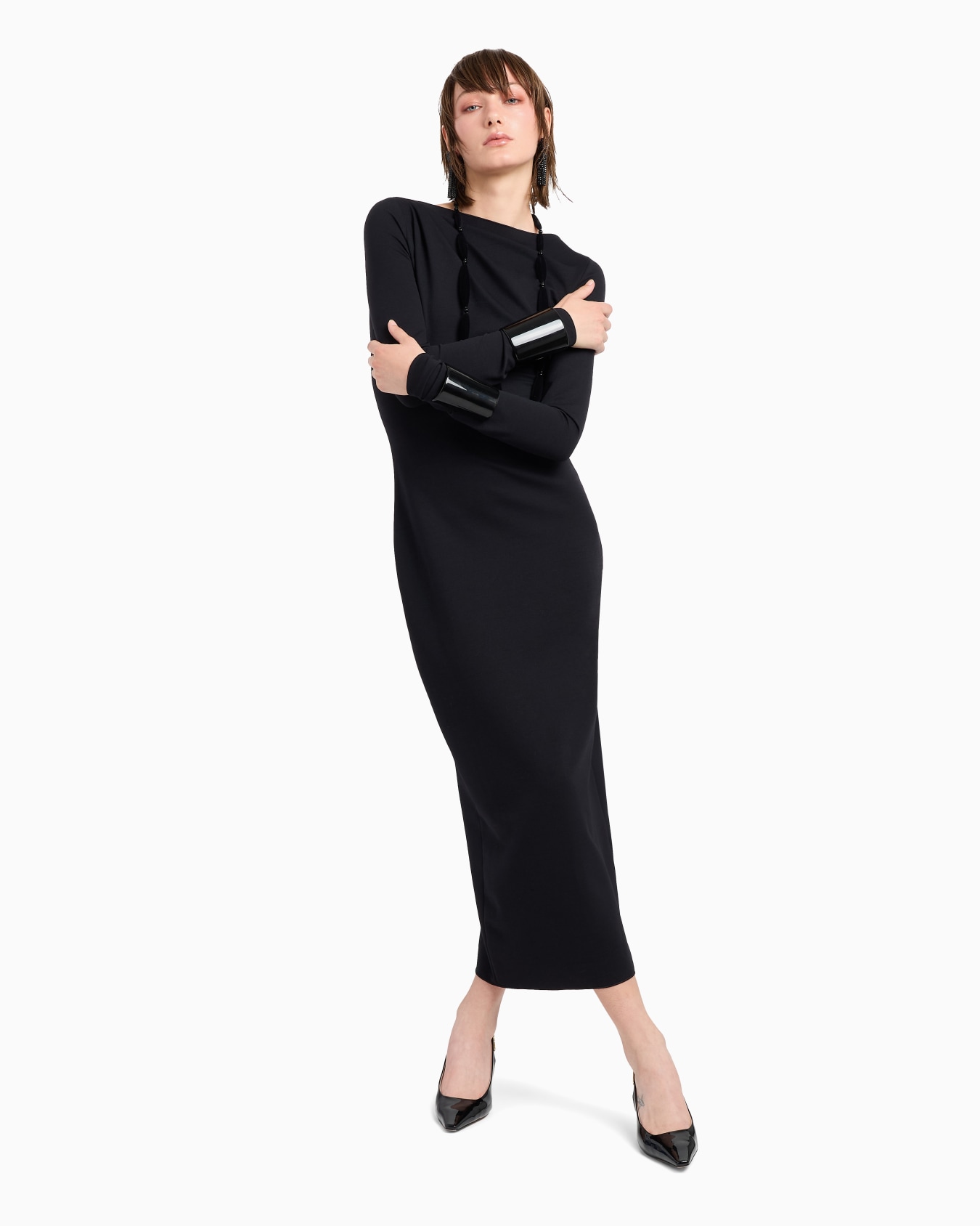Stretch wool-blend midi sheath dress with draping Slide 3