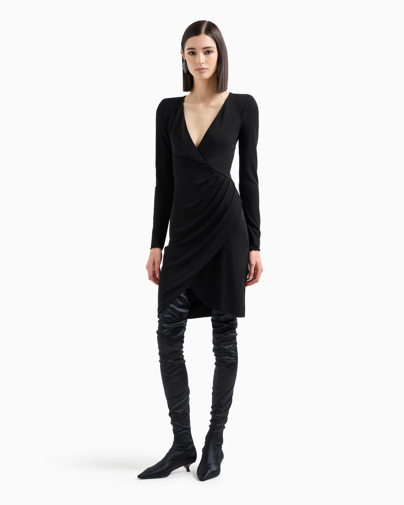 Vestido con escote cruzado y drapeado en punto interlock elástico efecto crepé Diapositiva 1