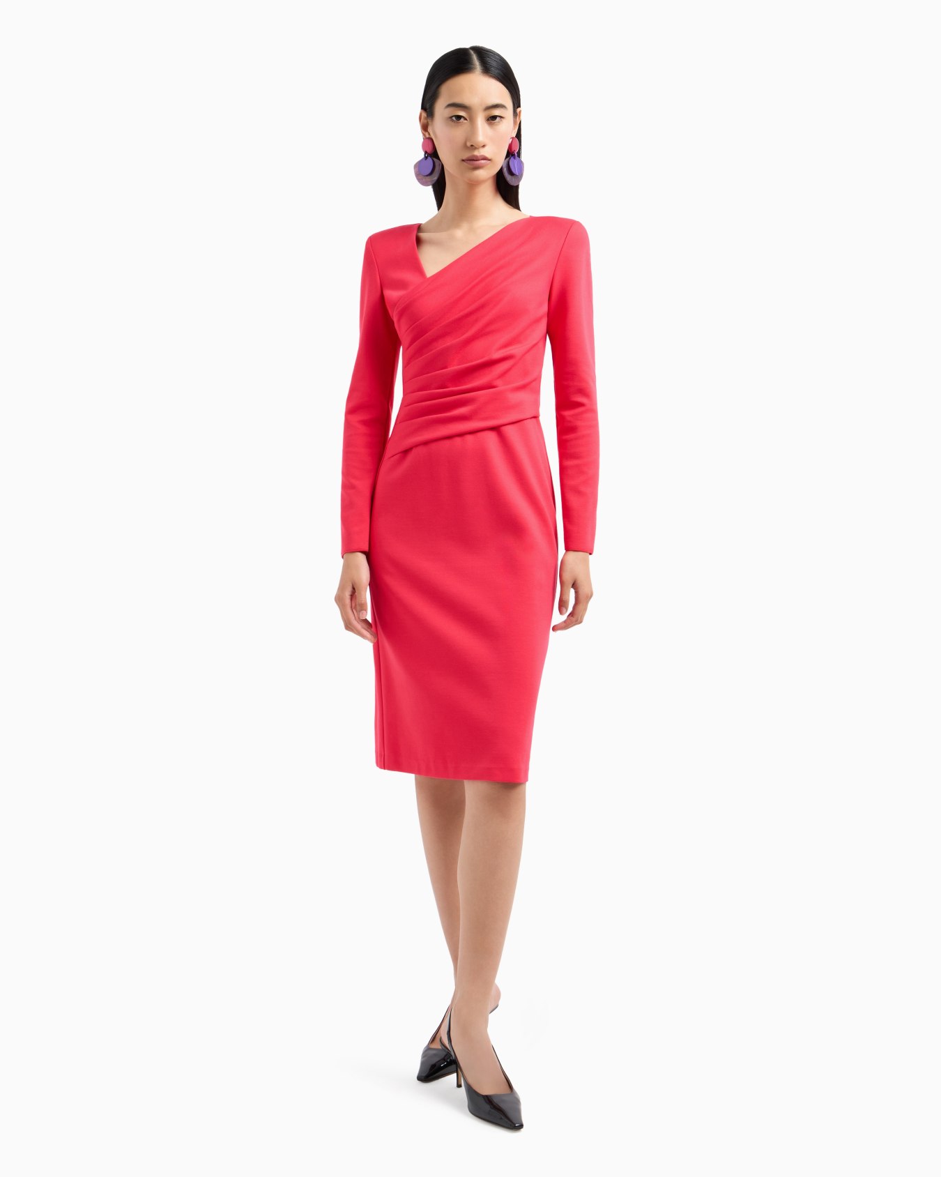 Stretch Milano stitch fabric dress with asymmetric cross-over and draping Slide 1