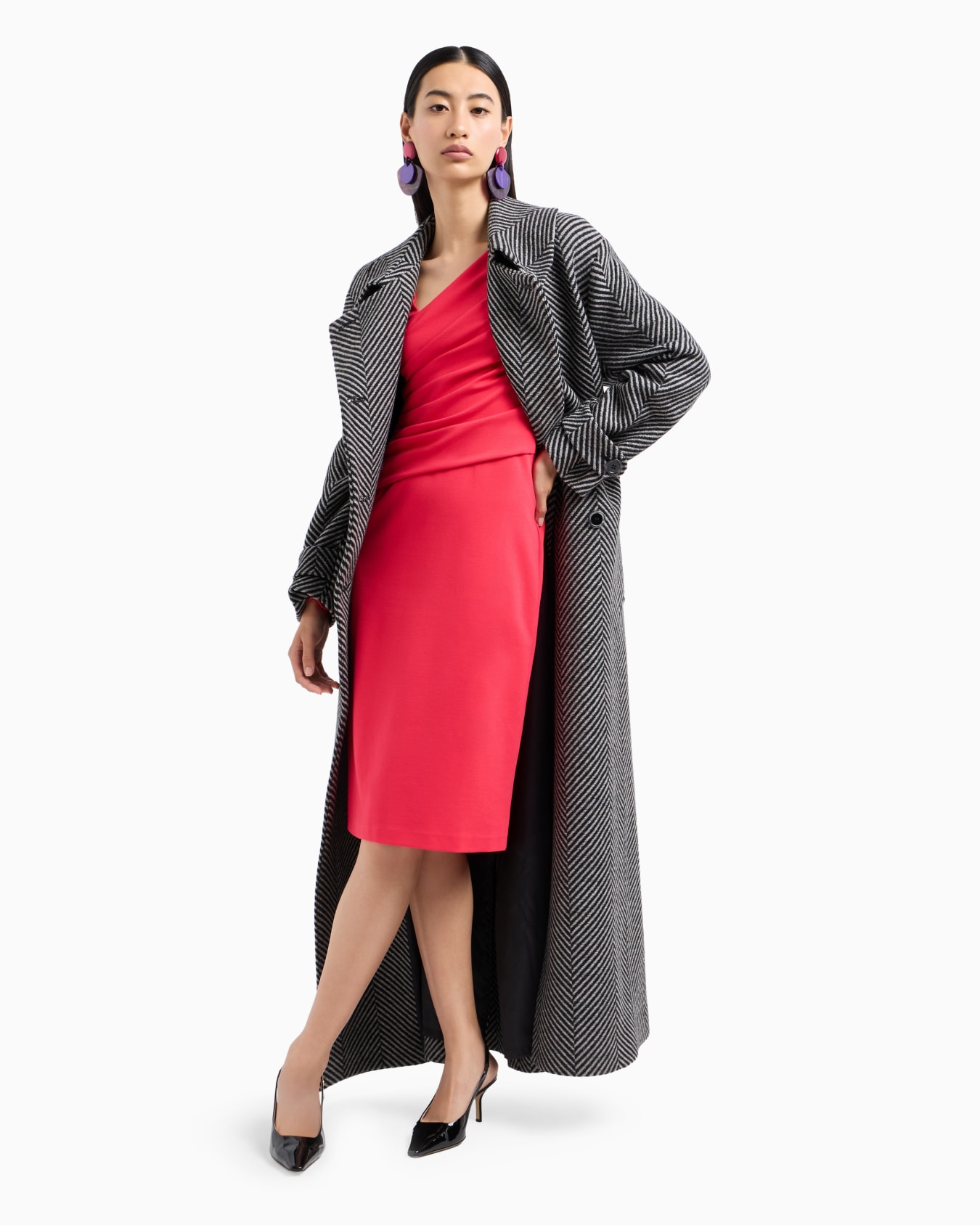 Stretch Milano stitch fabric dress with asymmetric cross-over and draping Slide 3