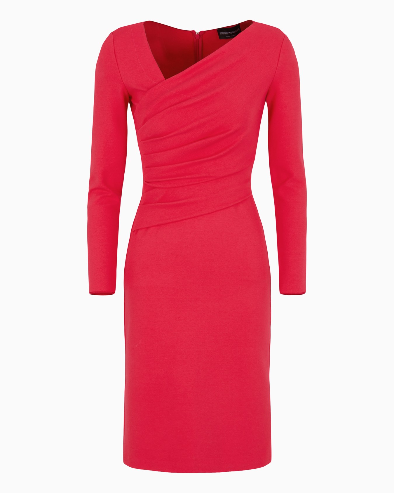 Stretch Milano stitch fabric dress with asymmetric cross-over and draping Slide 0
