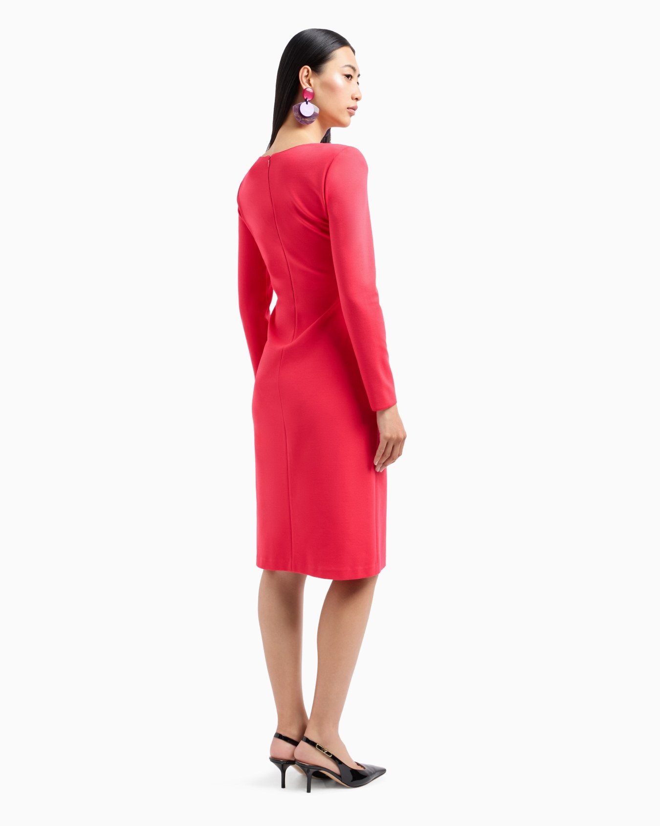 Stretch Milano stitch fabric dress with asymmetric cross-over and draping Slide 2