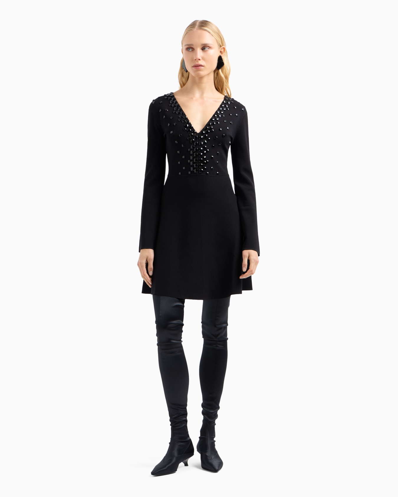Milano-stitch fabric, V-neck dress with cabochon gemstones Slide 1