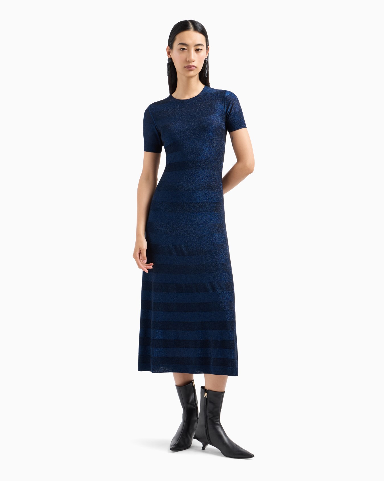 Seamless long dress in a viscose knit striped-effect knit and purl construction Slide 1