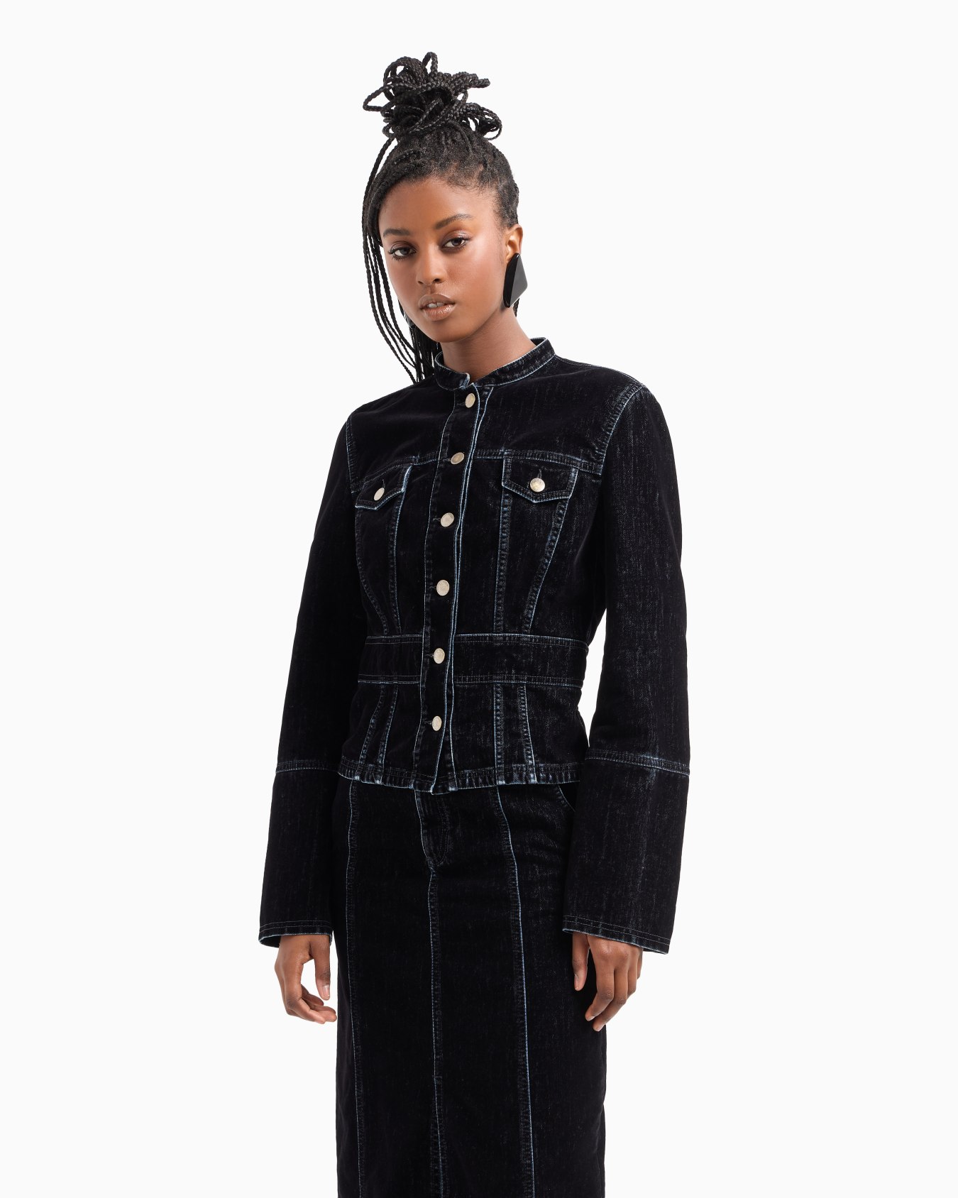 Velvet-effect flocked denim jacket with guru collar Slide 1