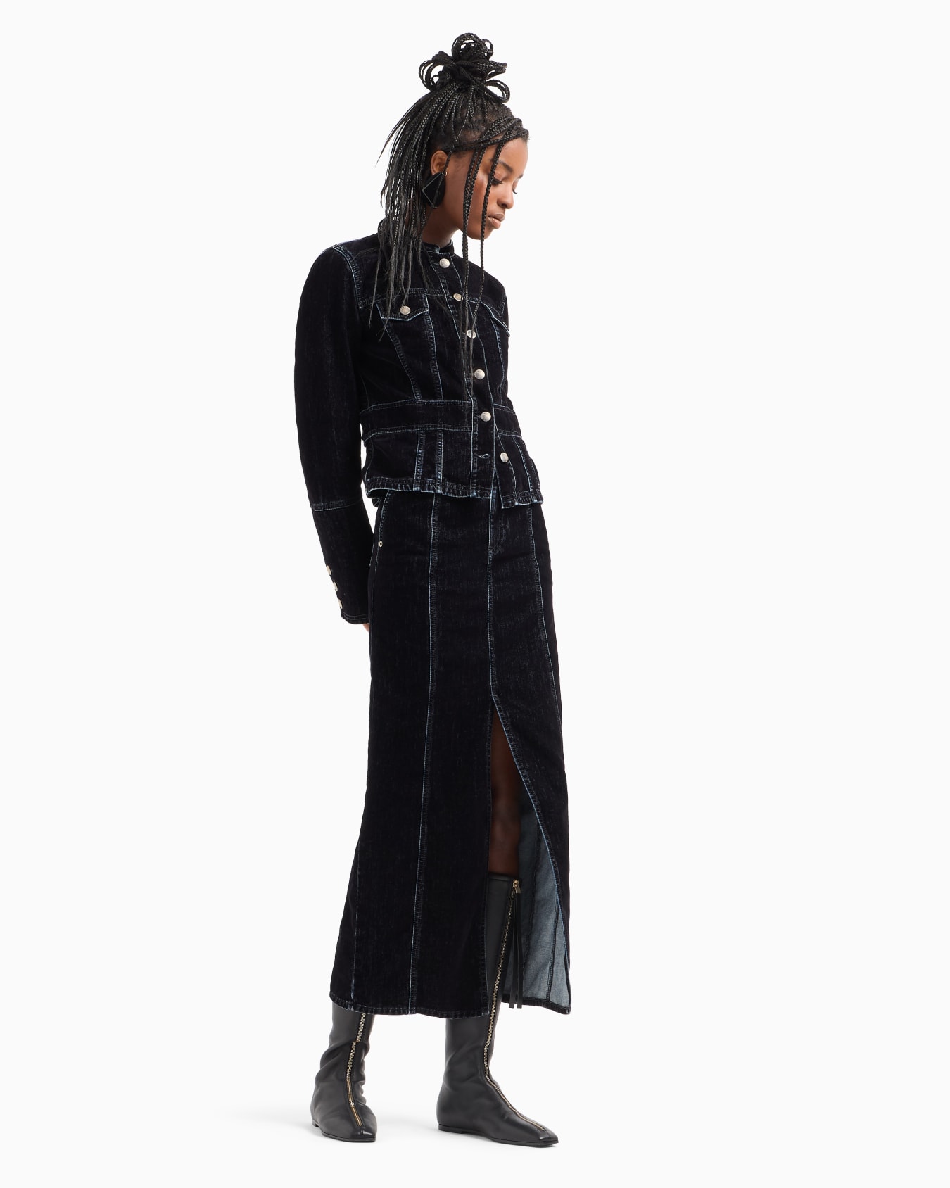 Velvet-effect flocked denim jacket with guru collar Slide 3