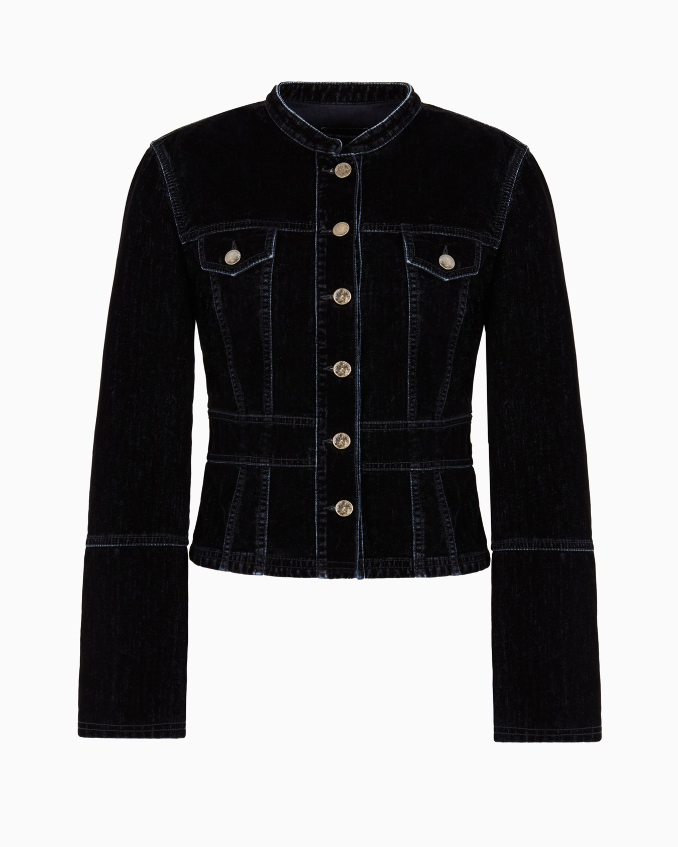 Velvet-effect flocked denim jacket with guru collar Slide 0