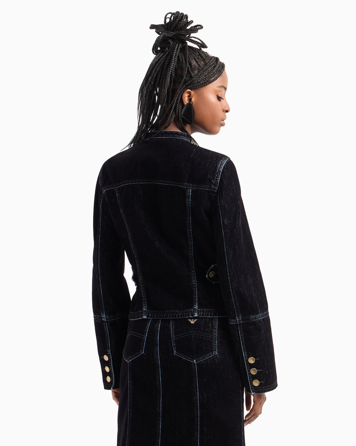 Velvet-effect flocked denim jacket with guru collar Slide 2