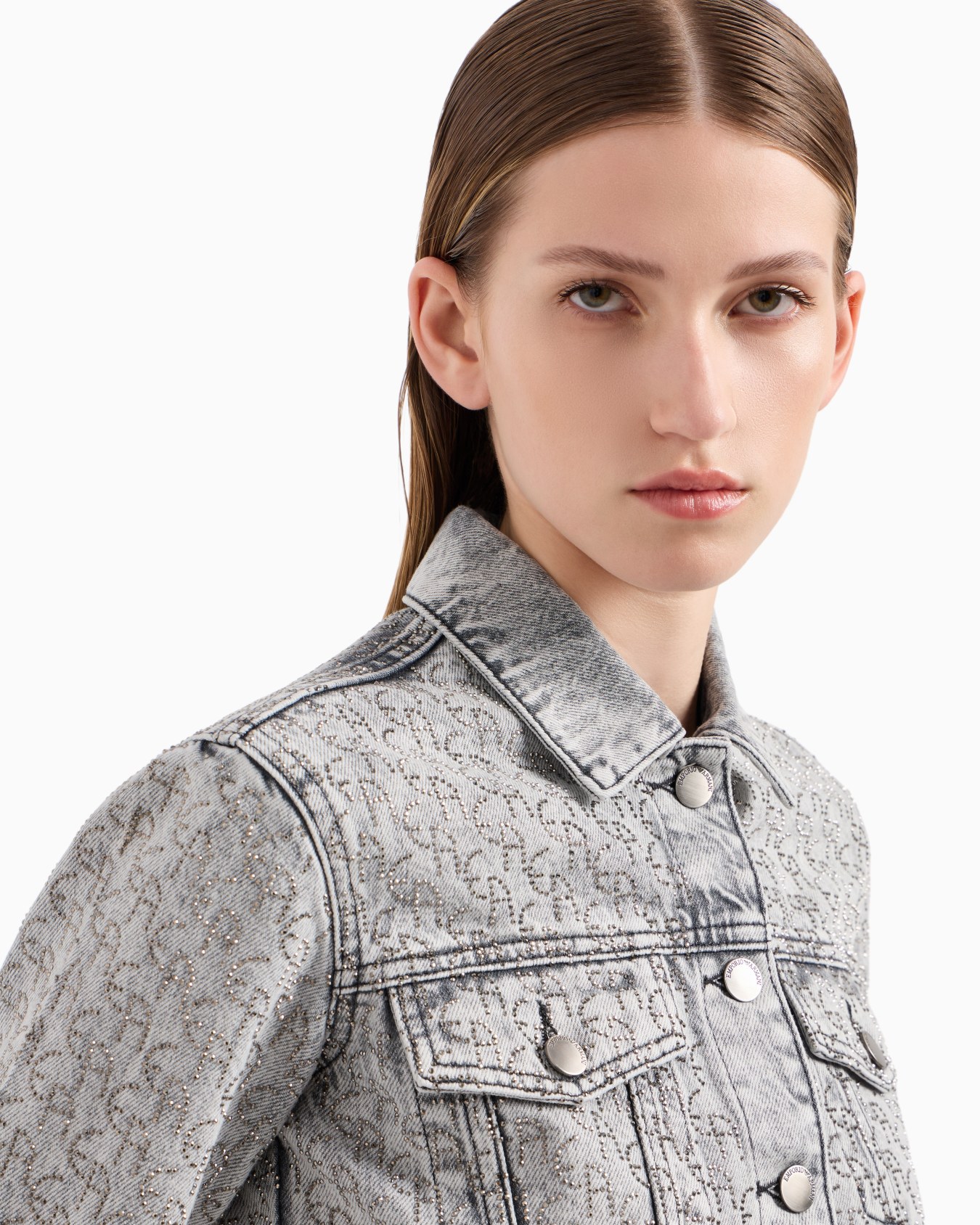 Cropped 12.5 oz denim jacket with all-over rhinestone logo Slide 4