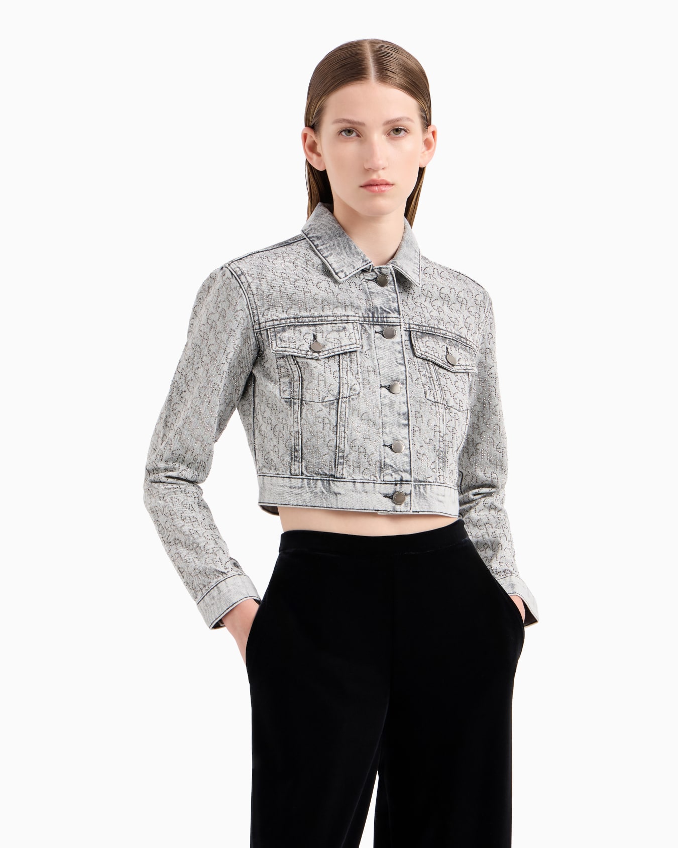 Cropped 12.5 oz denim jacket with all-over rhinestone logo Slide 1