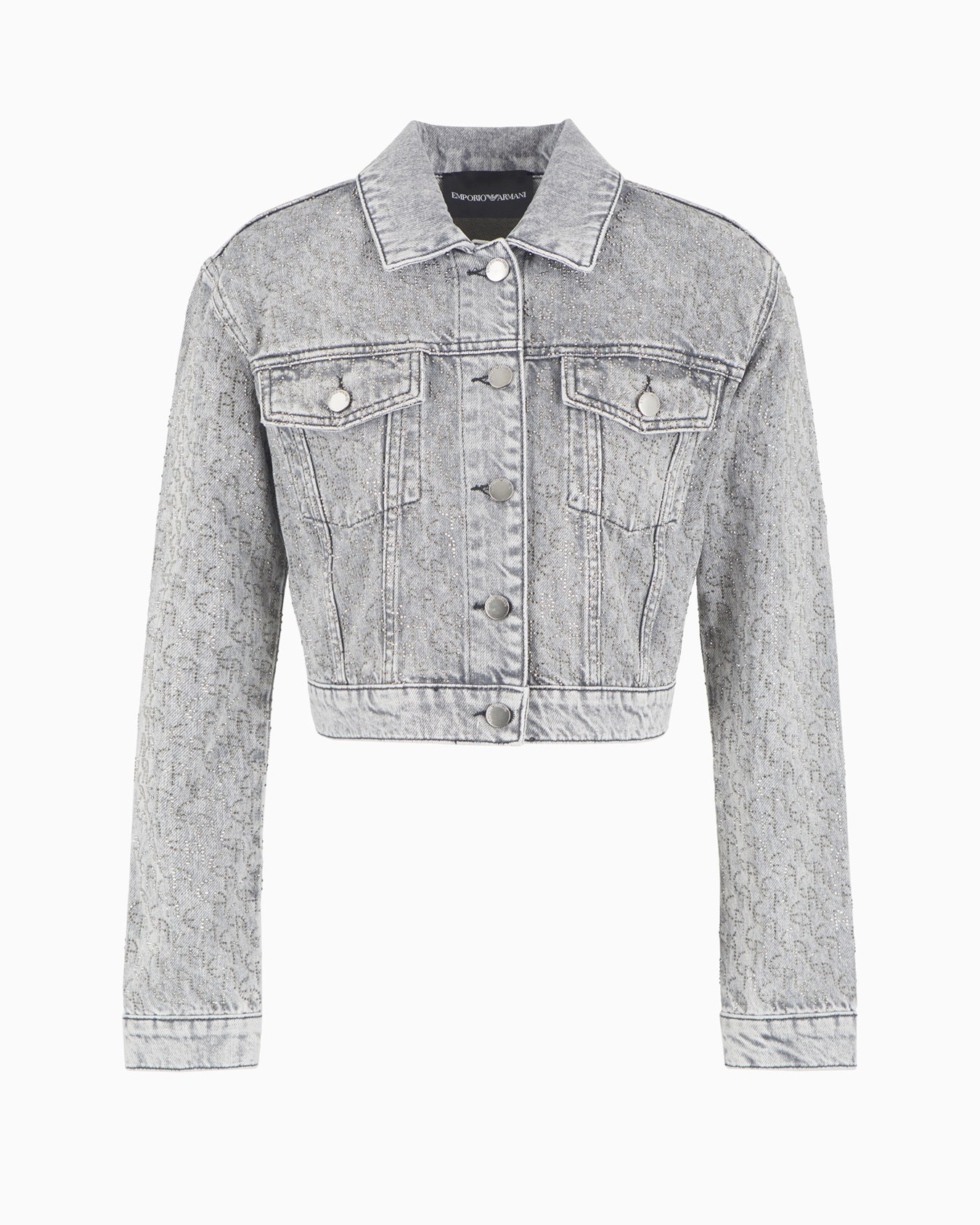 Cropped 12.5 oz denim jacket with all-over rhinestone logo Slide 0