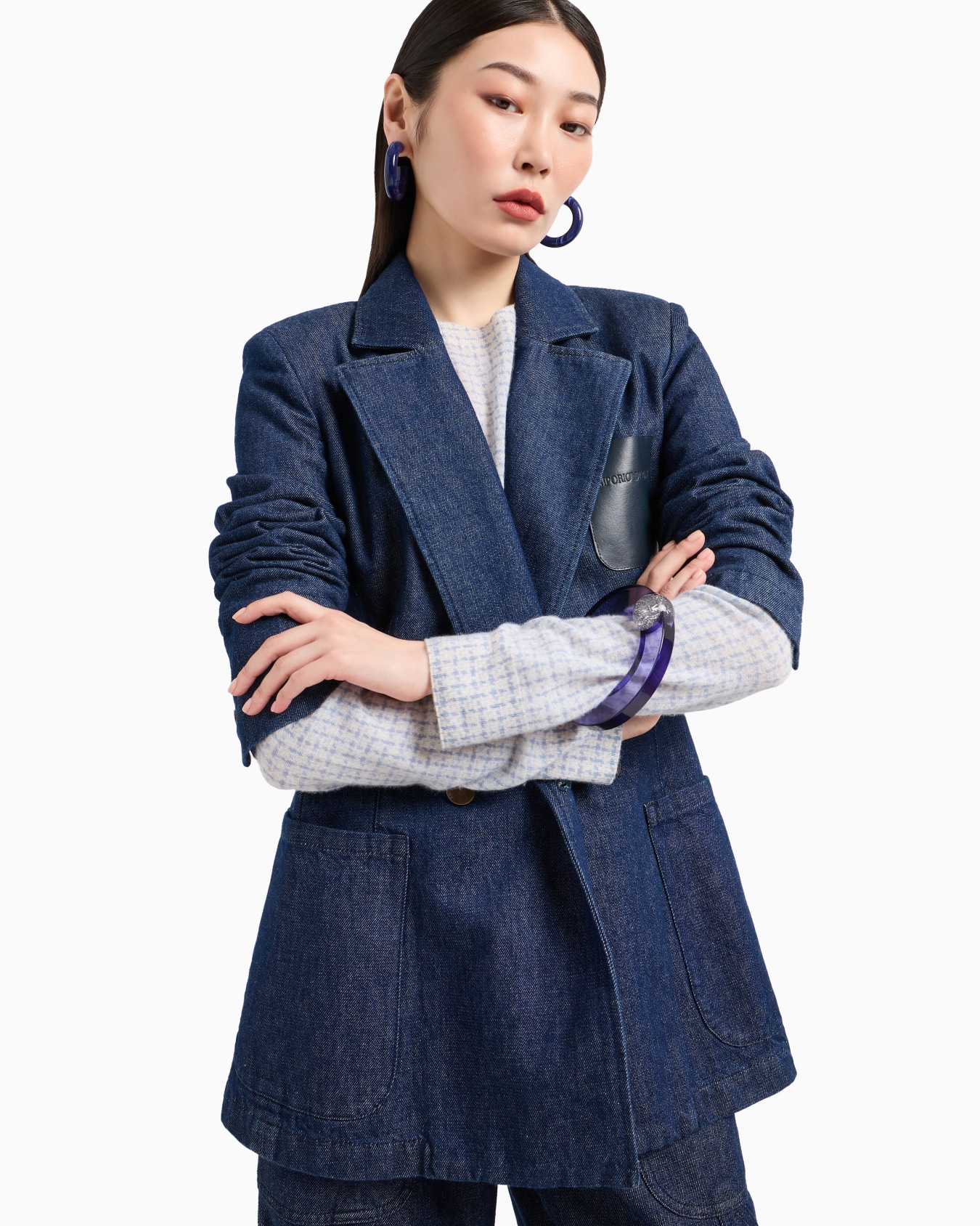 Double-breasted 11 oz denim blazer with logo leather pocket Slide 5