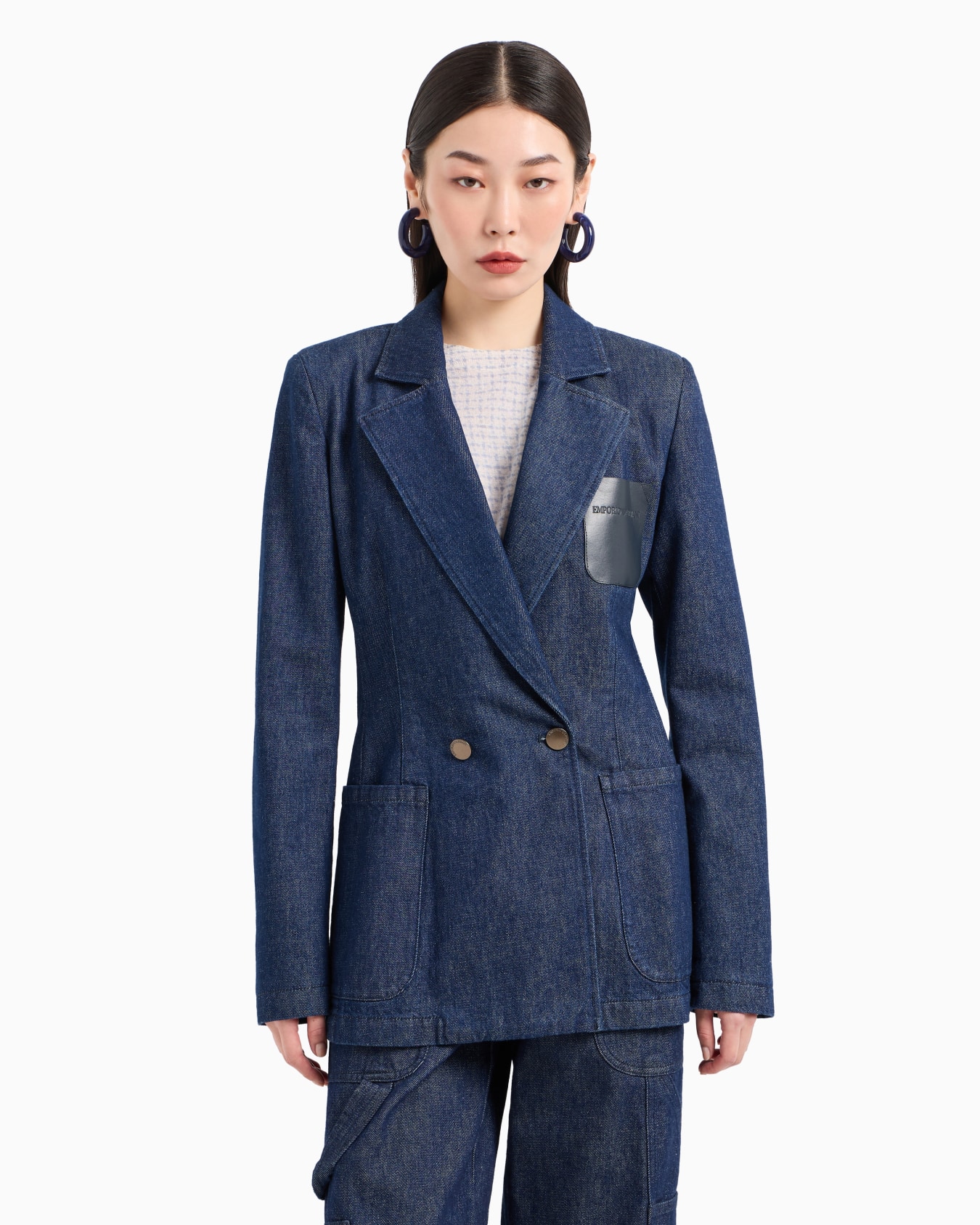 Double-breasted 11 oz denim blazer with logo leather pocket Slide 1