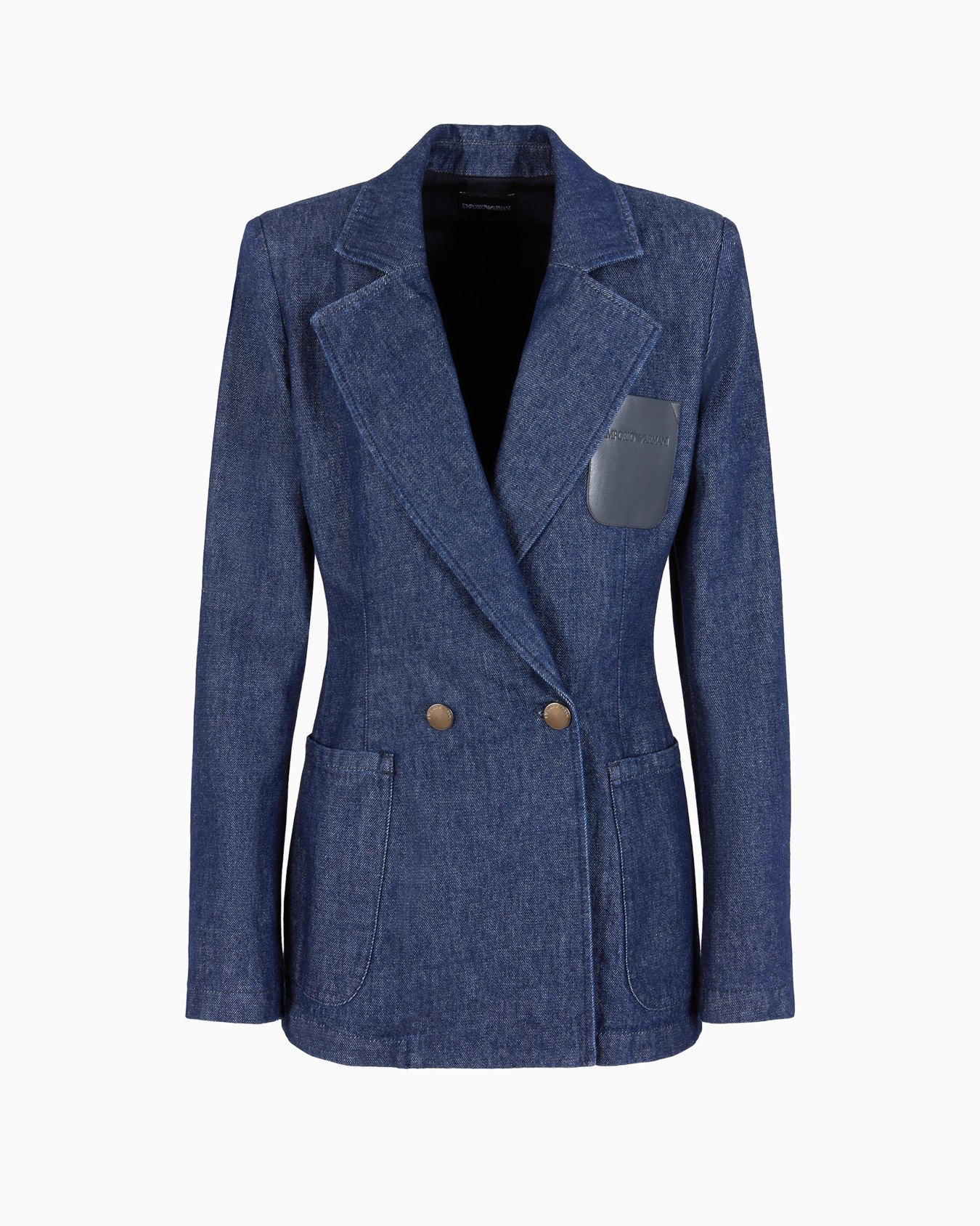 Double-breasted 11 oz denim blazer with logo leather pocket Slide 0