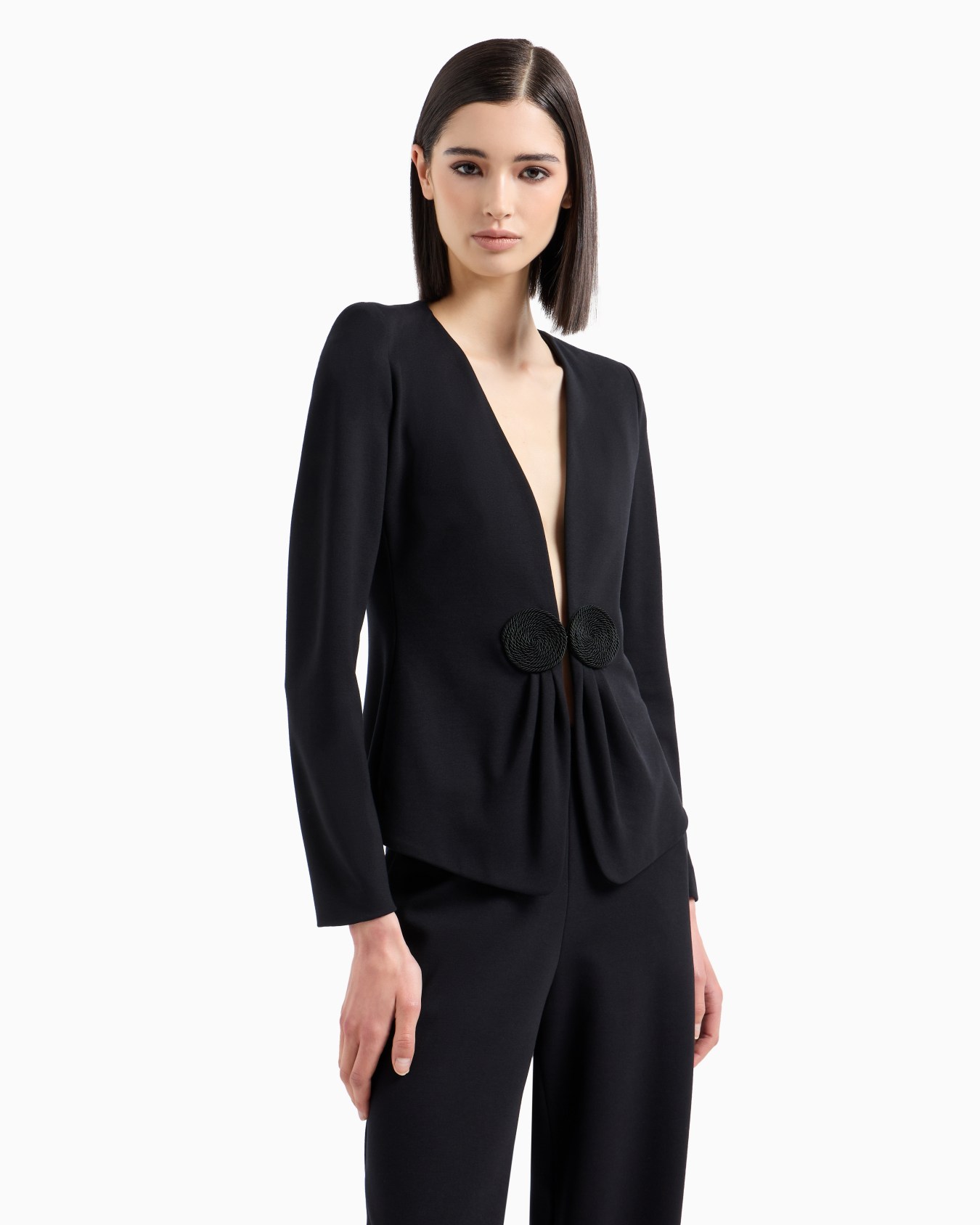 Chaqueta con cuello de pico en punto milano elástico con parche de cordoncillo Diapositiva 1