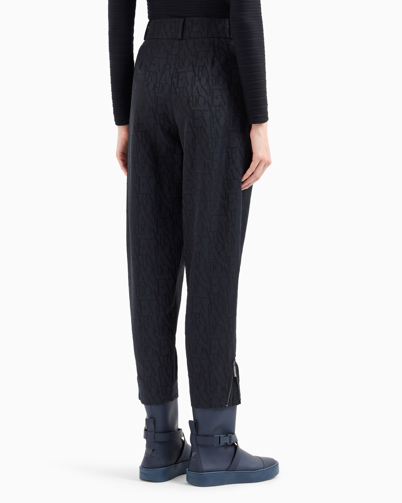 Oval-leg trousers in a jacquard wool blend with all-over lettering Slide 3