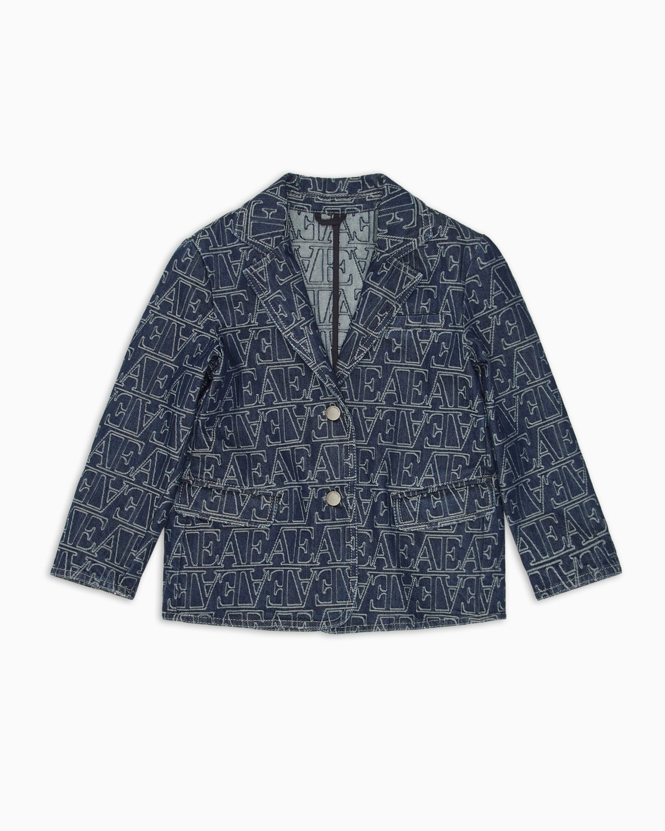 Single-breasted jacket in jacquard denim with all-over lettering Slide 0