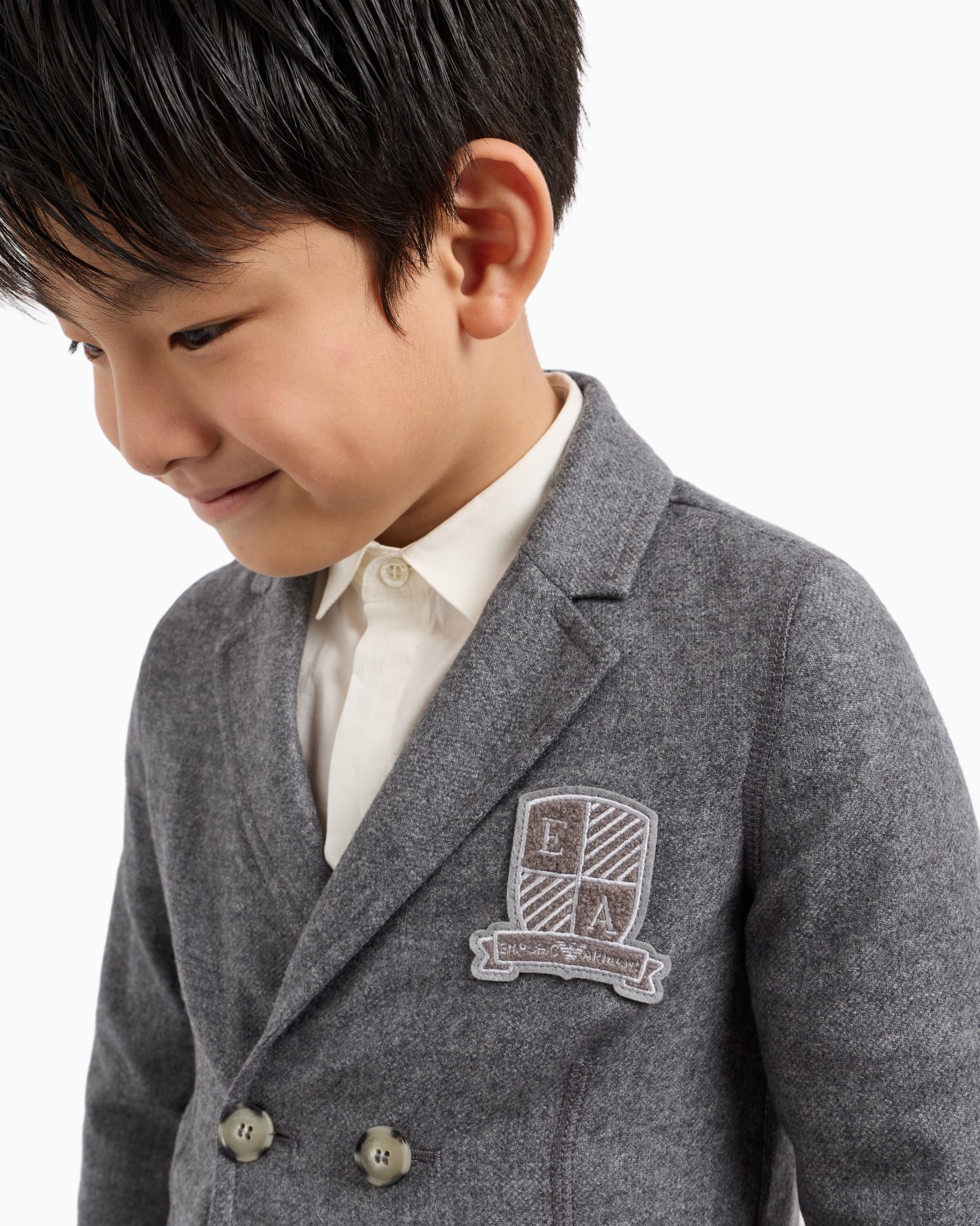 Wool-blend double-breasted jacket with logo crest patch Slide 4