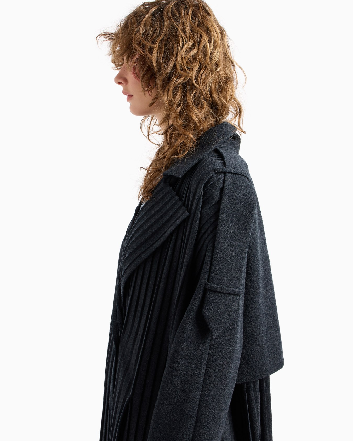 Pleated wool jersey long trench coat Slide 5