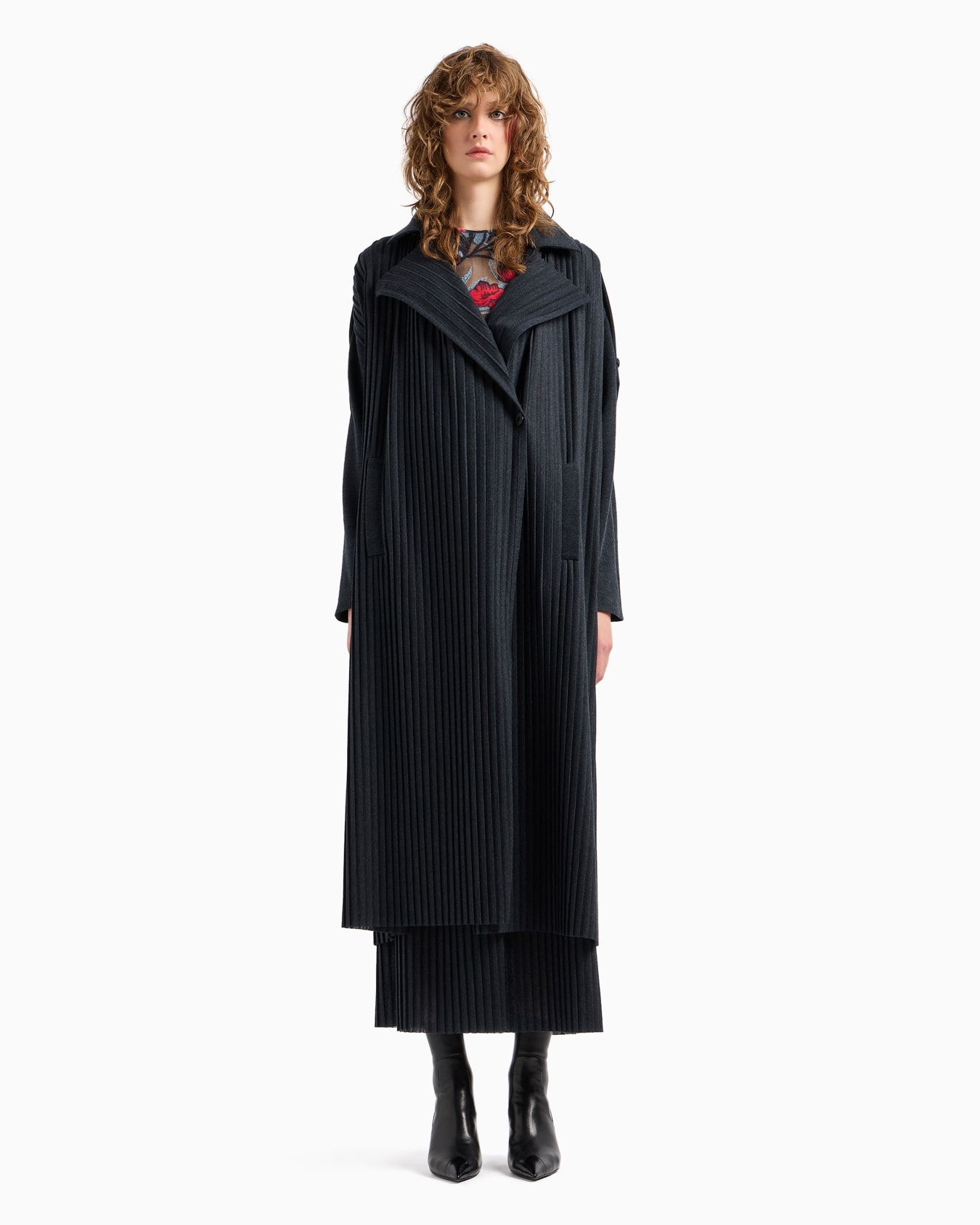 Pleated wool jersey long trench coat Slide 2