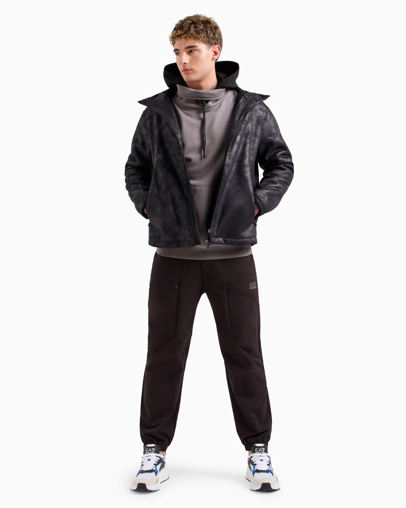 Jacke mit Kapuze aus Gewebe in Lederoptik und Nylon Folie 3