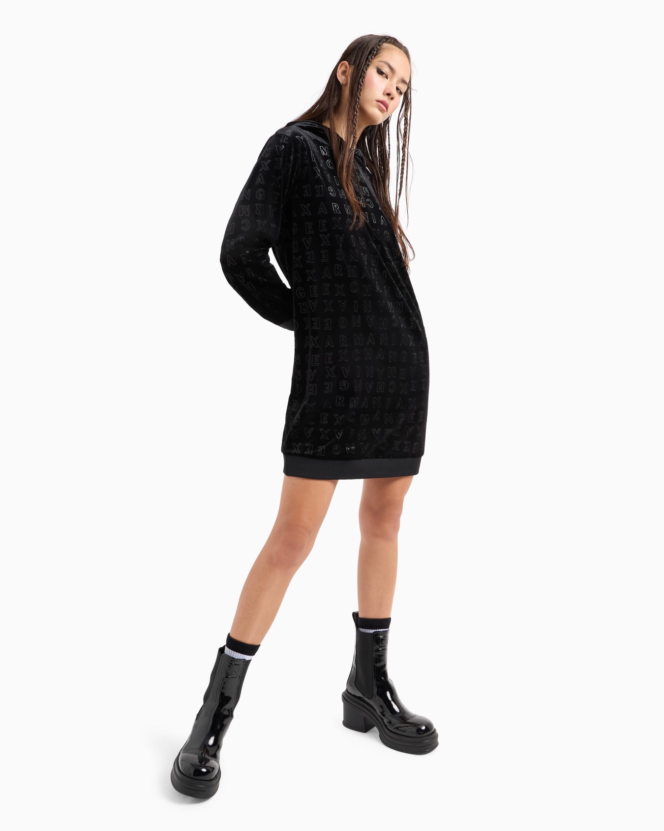 Velvet hooded dress with allover logo Slide 1