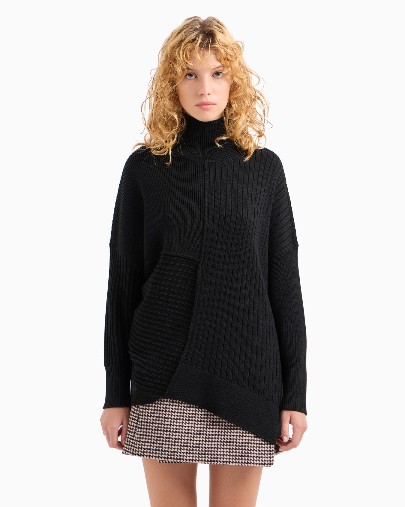 Asymmetrical high neck knitted sweater Slide 1