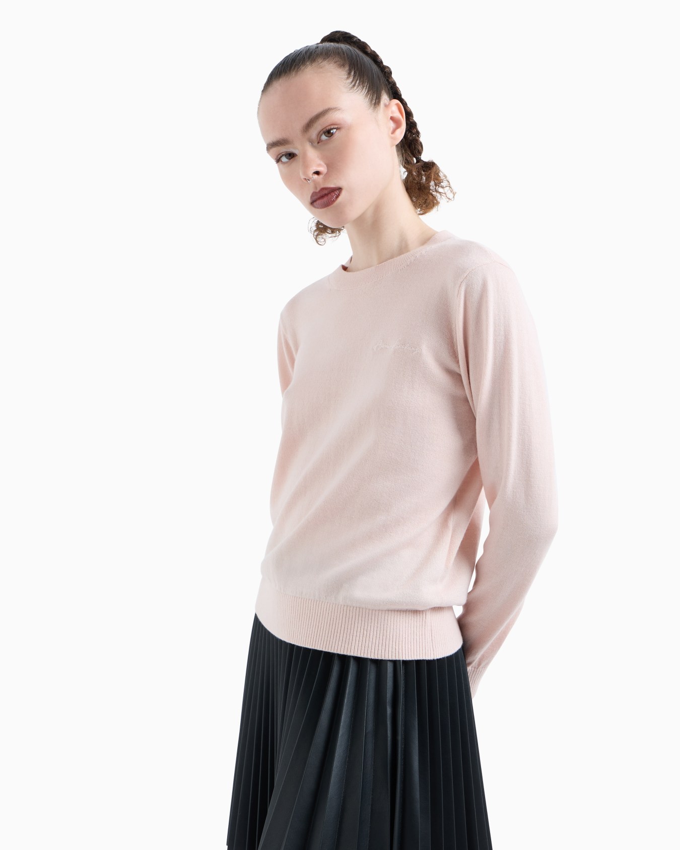 Round neck sweater with embroidered logo Slide 1