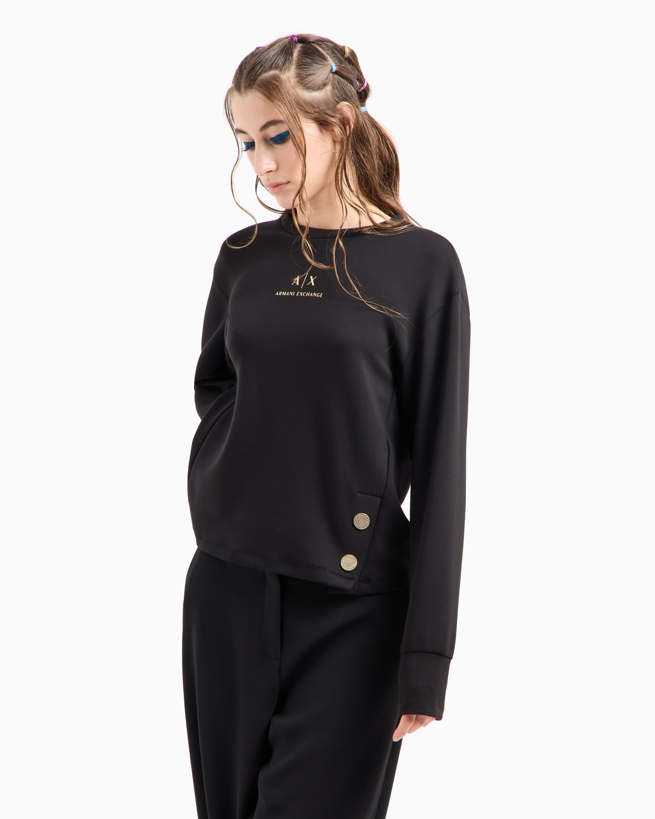 Crewneck sweatshirt with gold logo and buttons Slide 1