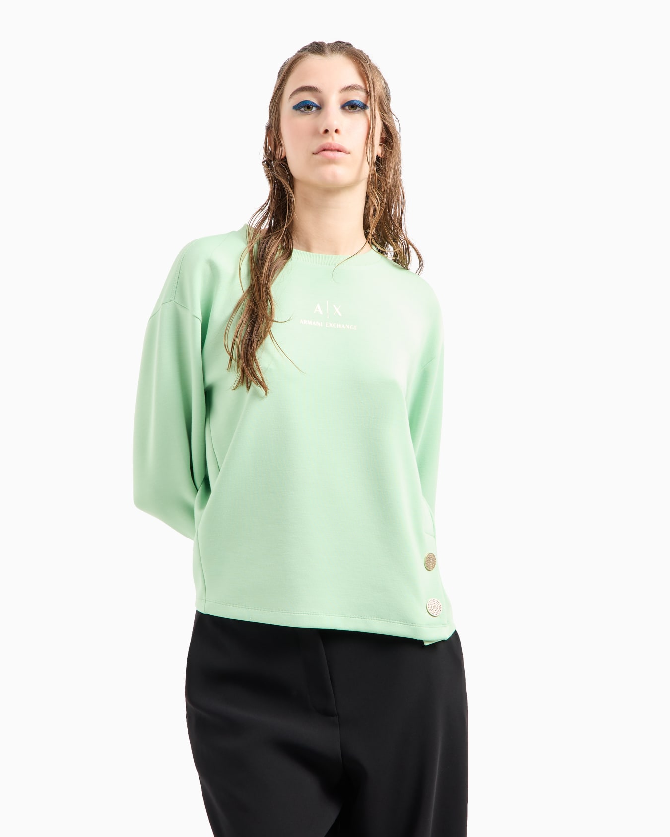 Crewneck sweatshirt with gold logo and buttons Slide 1
