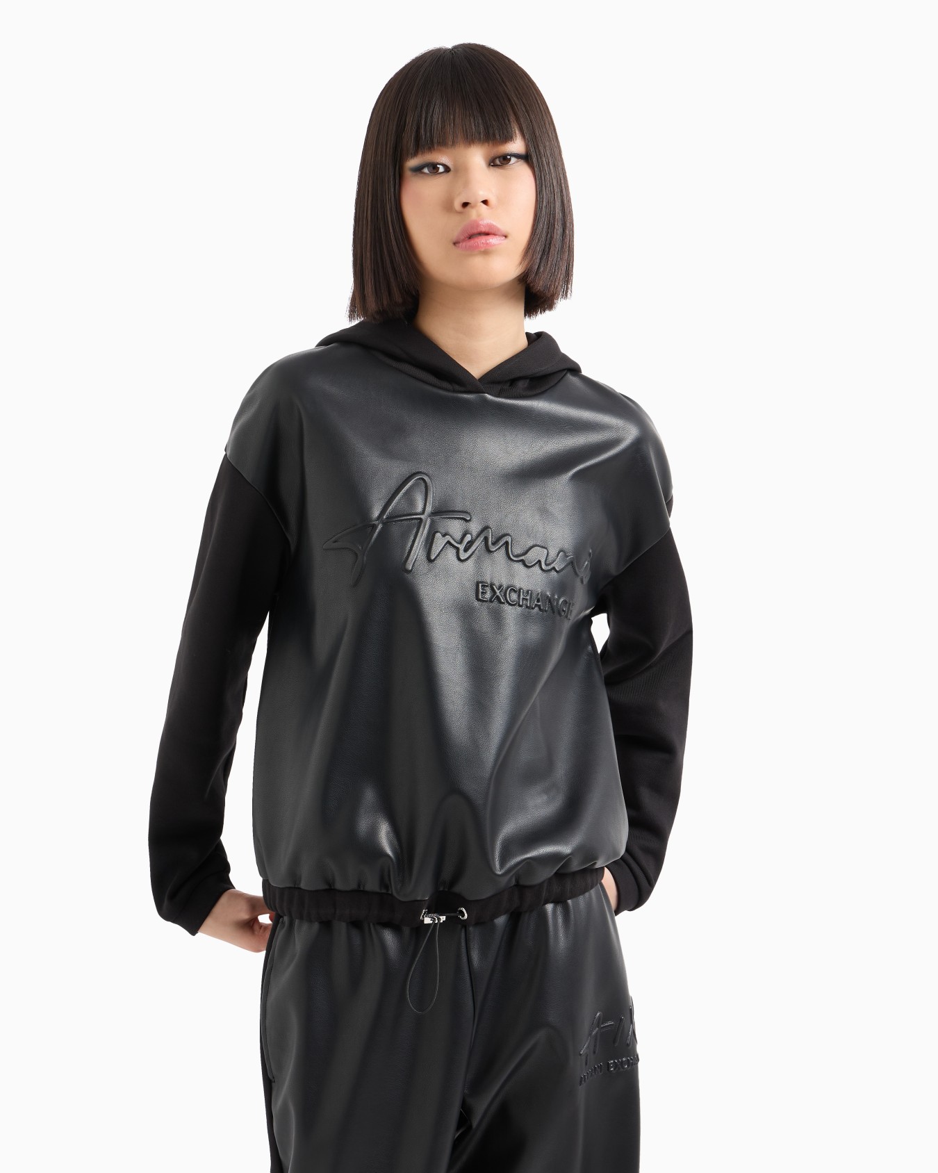 Sweatshirt in eco-leather and French terry with embossed logo Slide 1