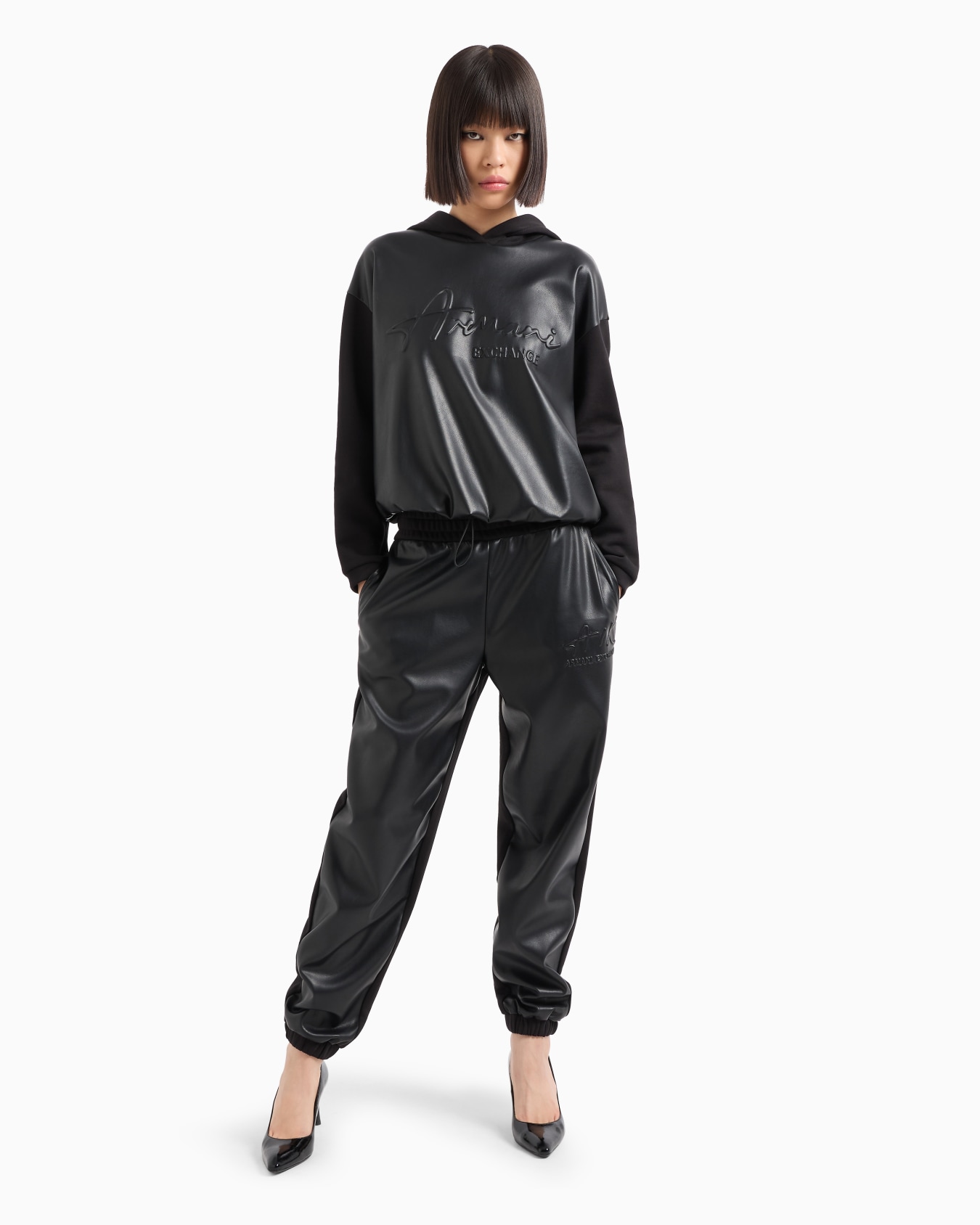 Sweatshirt in eco-leather and French terry with embossed logo Slide 3