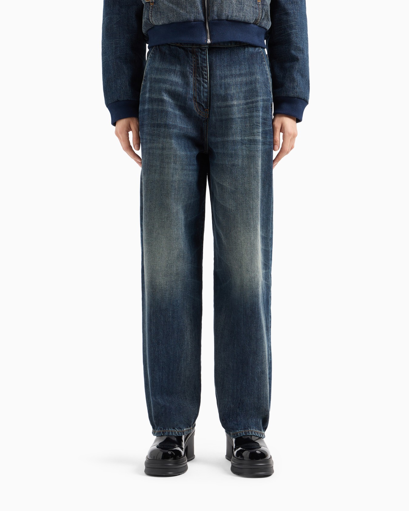 Cotton denim boyfriend jeans with embroidered logo on the pocket Slide 1