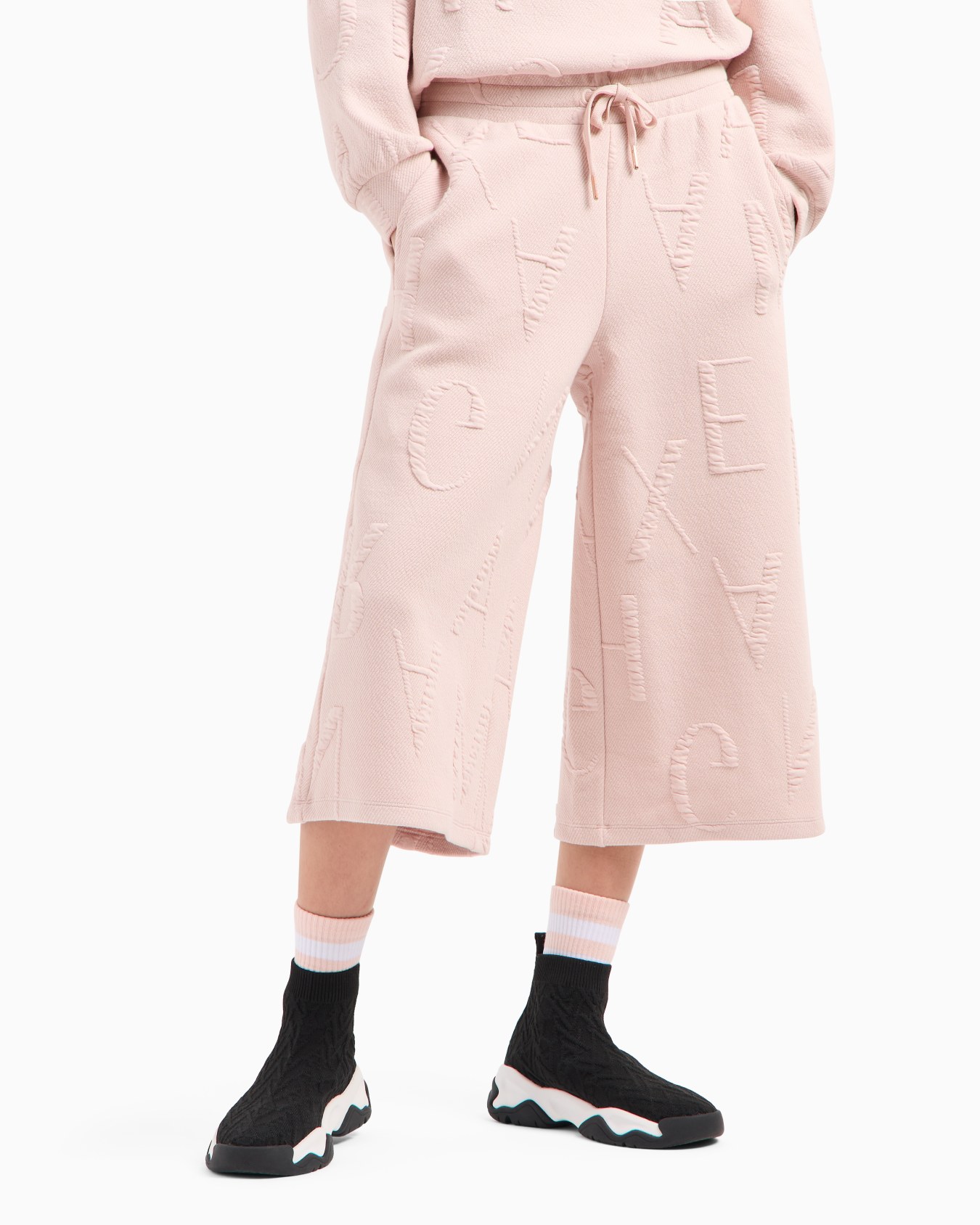 3/4 length wide leg trousers in French terry with embossed logo Slide 1