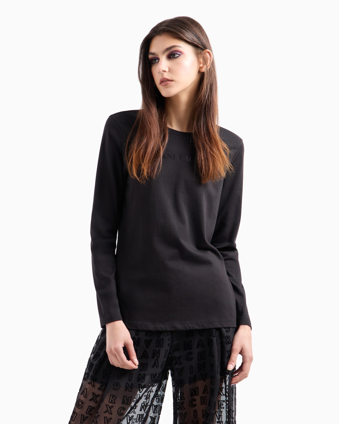 Regular fit long sleeve t-shirt with studded logo Slide 1