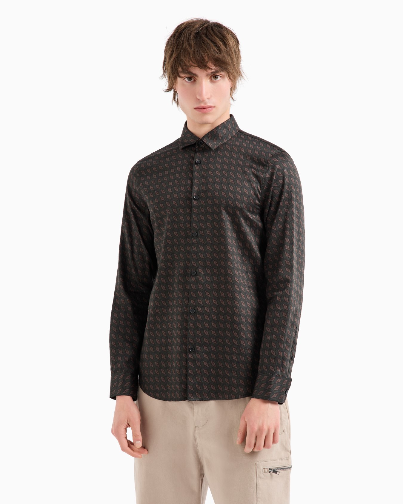 Camisa regular fit de algodón satinado estampado Diapositiva 1