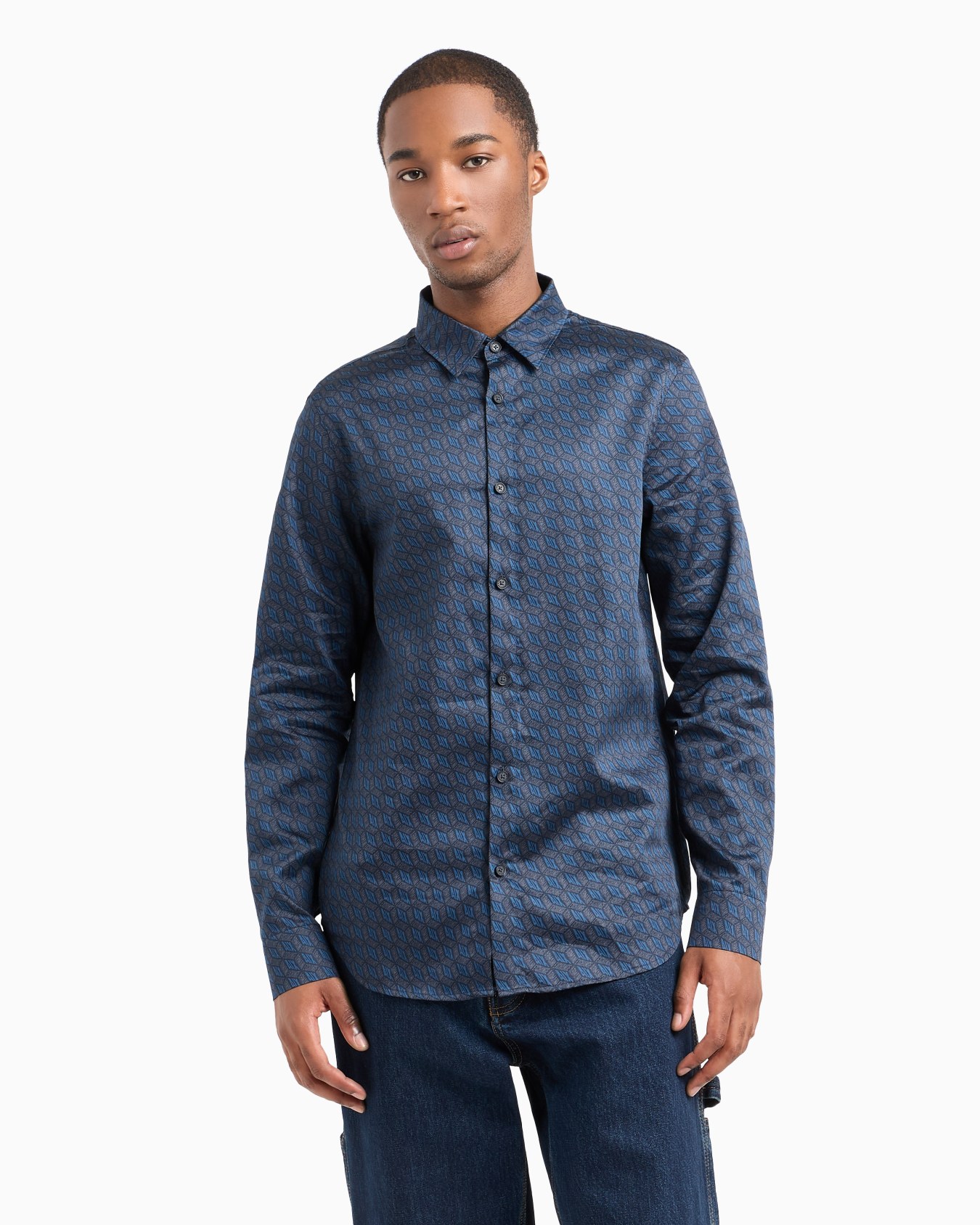 Regular fit patterned satin cotton shirt Slide 1