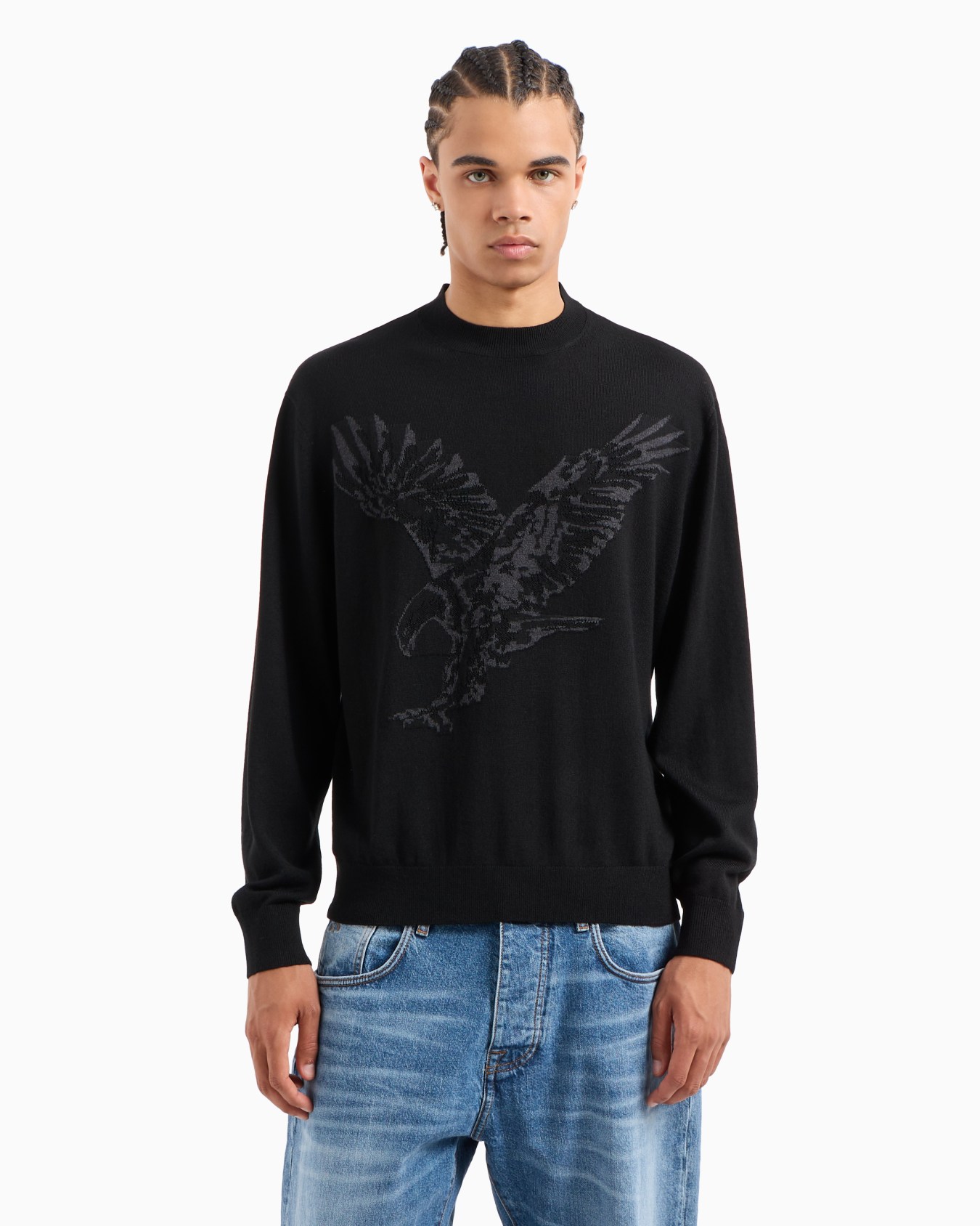 Wool blend crew neck sweater with embroidered eagle Slide 1
