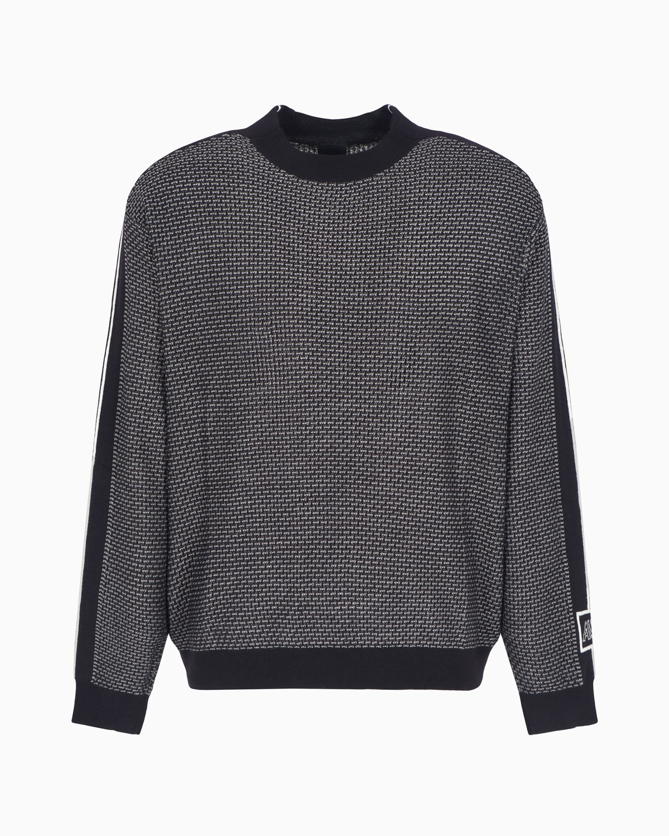 Crewneck sweater in wool blend with bands on the sleeves Slide 0
