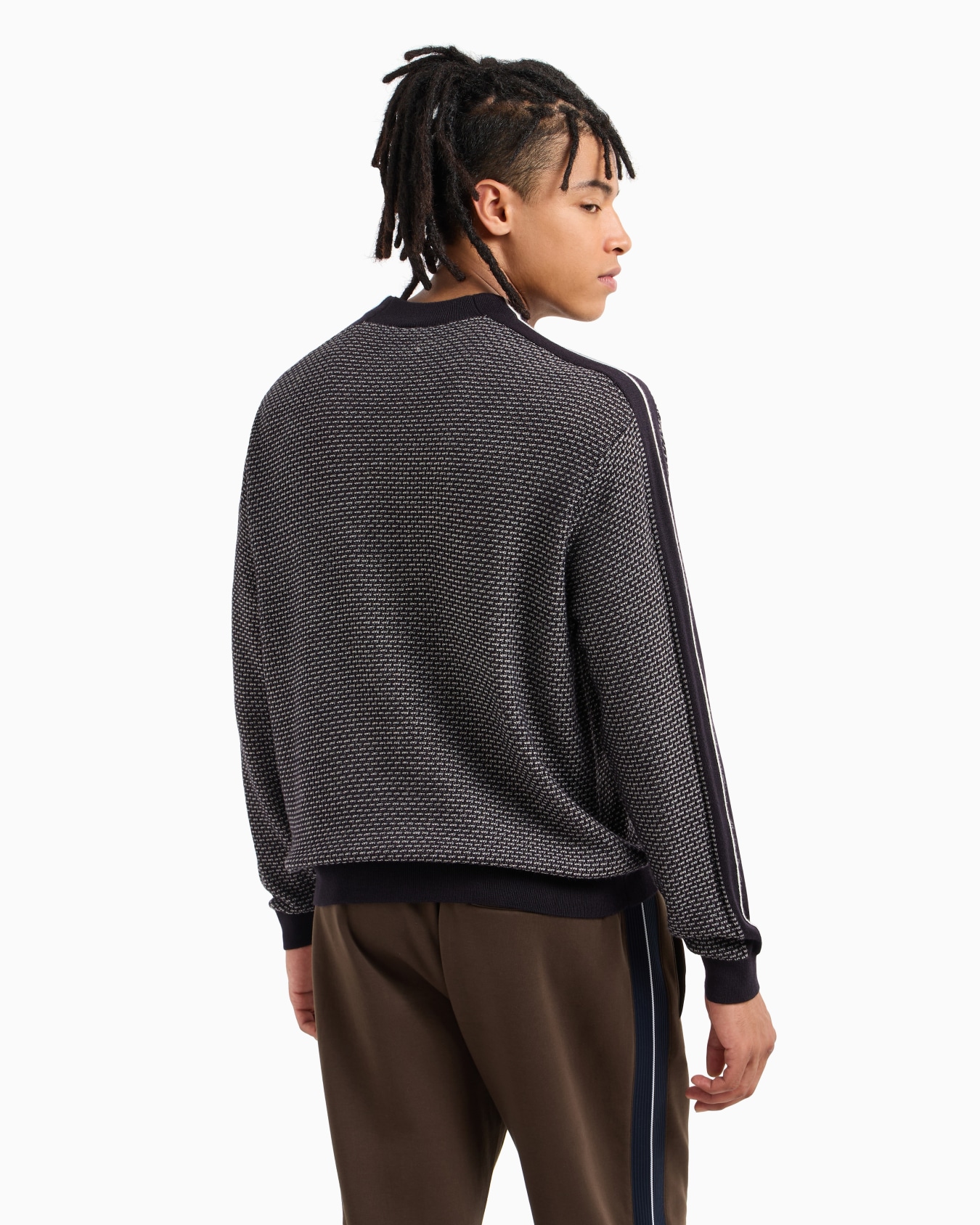 Crewneck sweater in wool blend with bands on the sleeves Slide 2