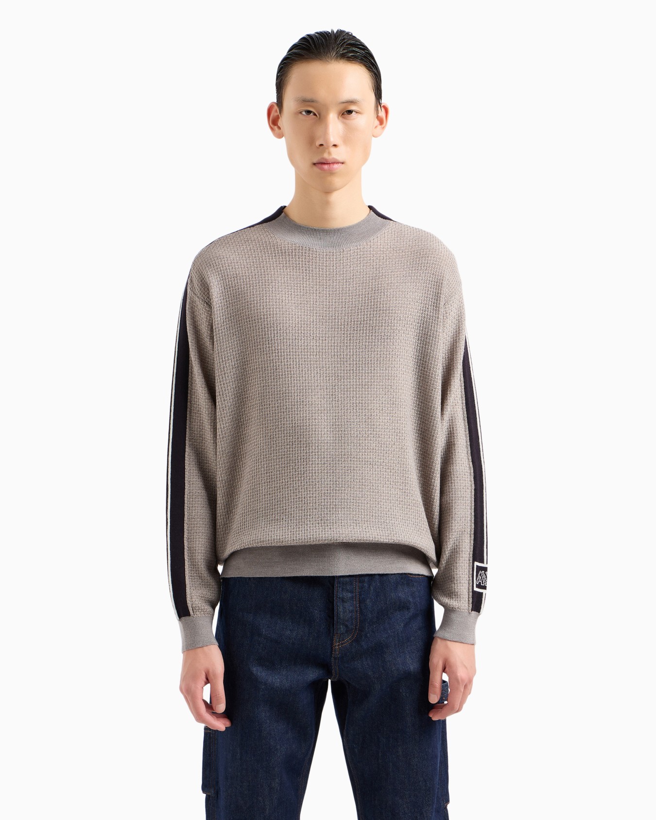 Crewneck sweater in wool blend with bands on the sleeves Slide 1